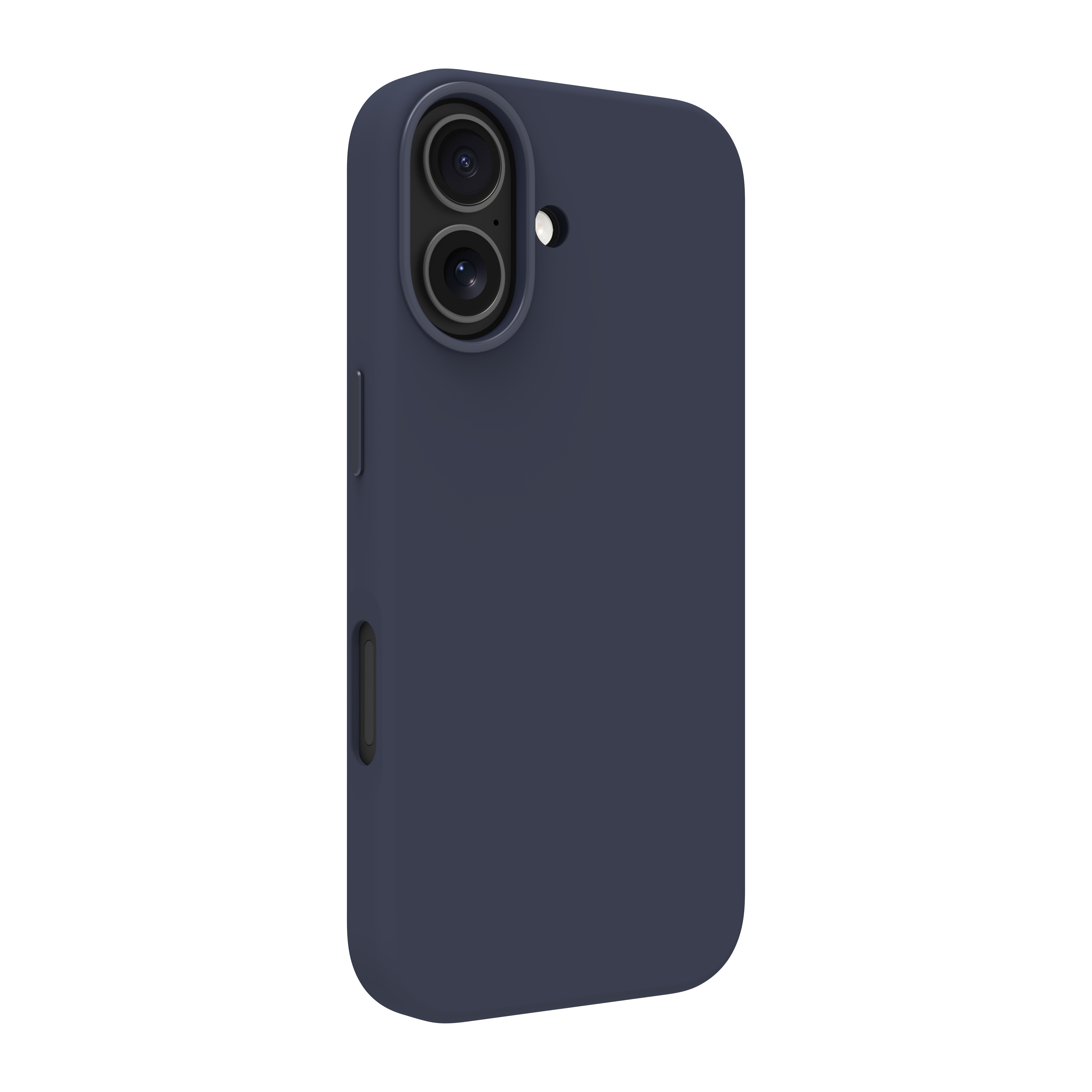 Una custodia per telefono blu scuro. Ha due lenti della fotocamera e un pulsante laterale. Lo sfondo è bianco.