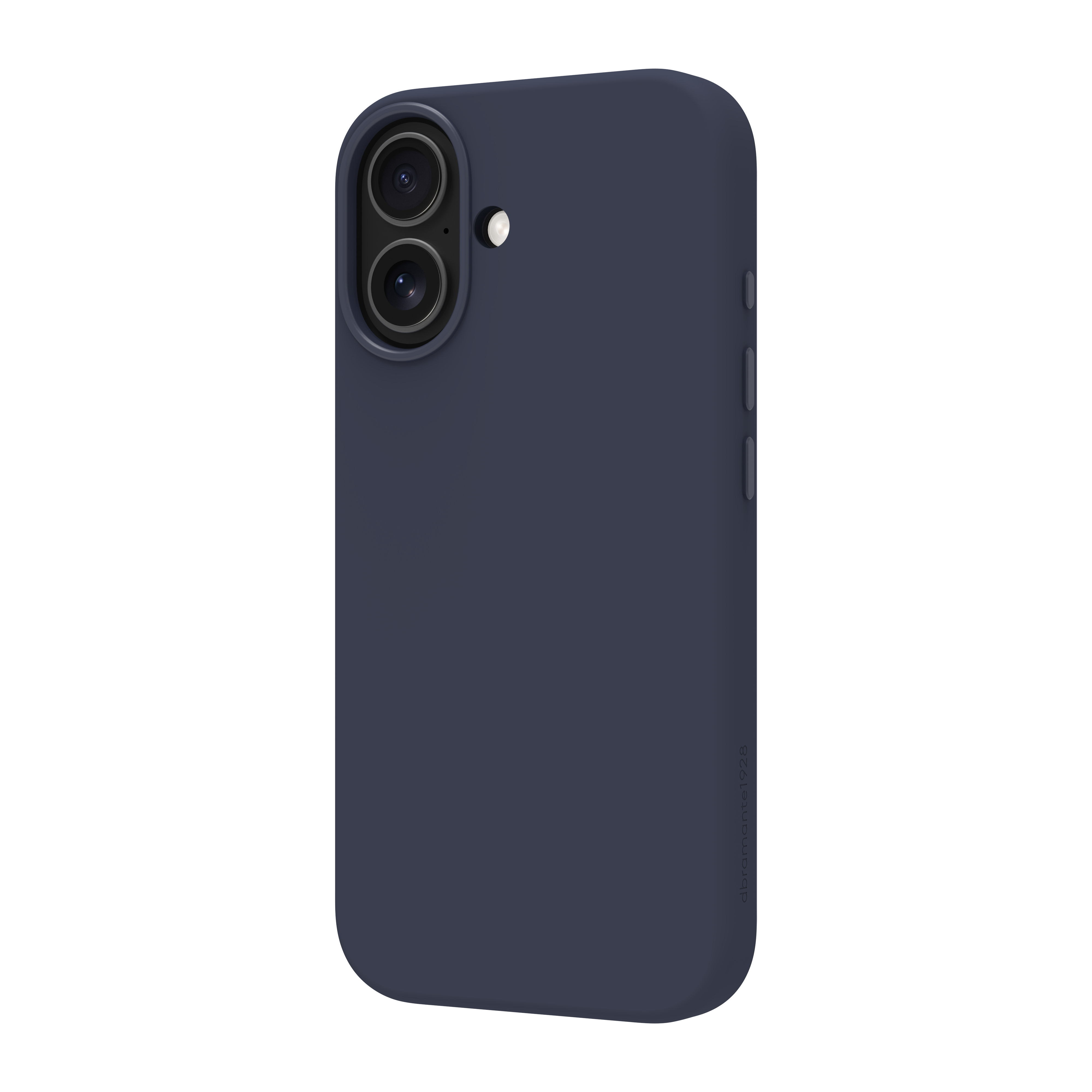 Una custodia blu navy. Ha fori per la fotocamera, pulsanti laterali e il nome del marchio è visibile.