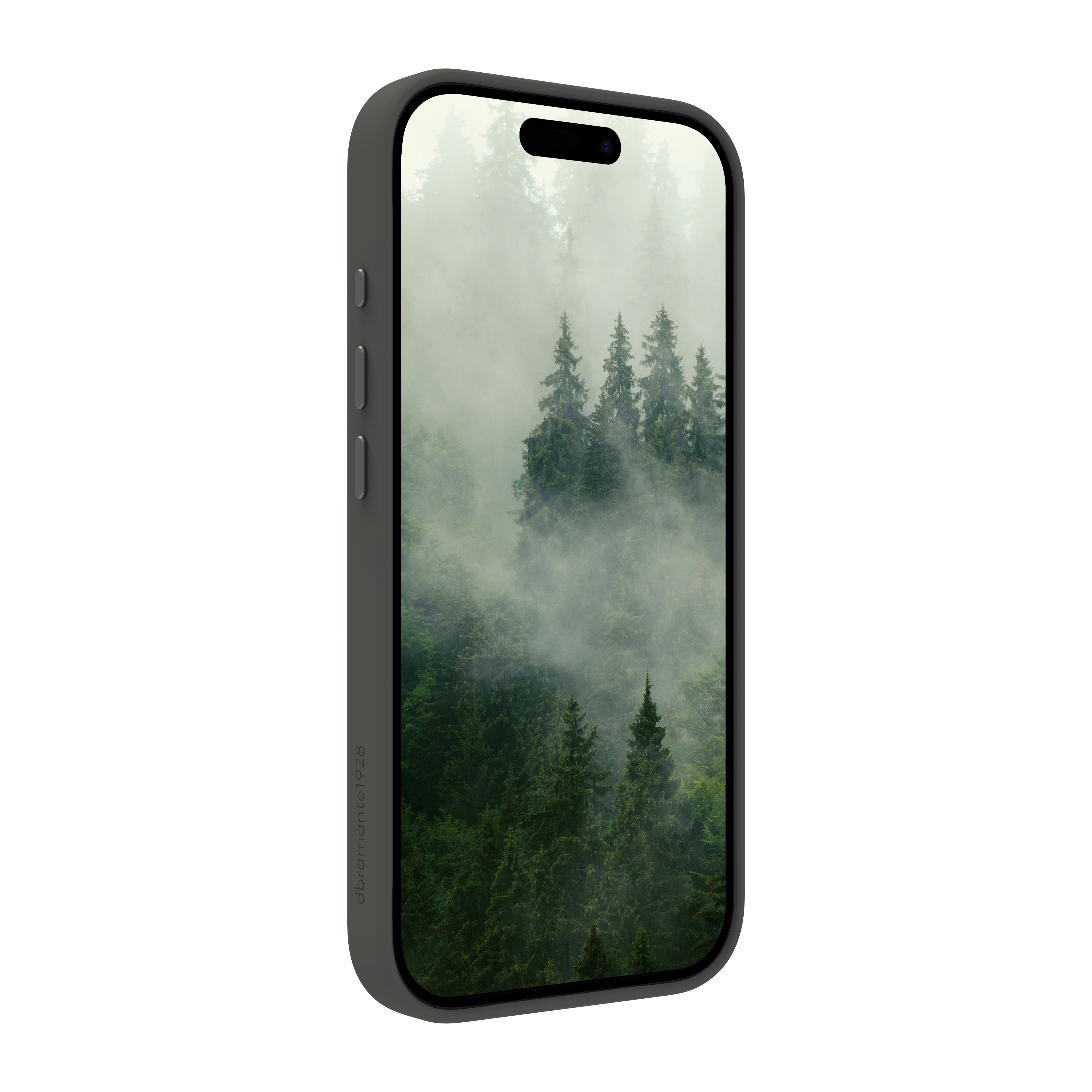 Un telefono mostra una scena di foresta nebbiosa. Il telefono ha una custodia grigio scuro.