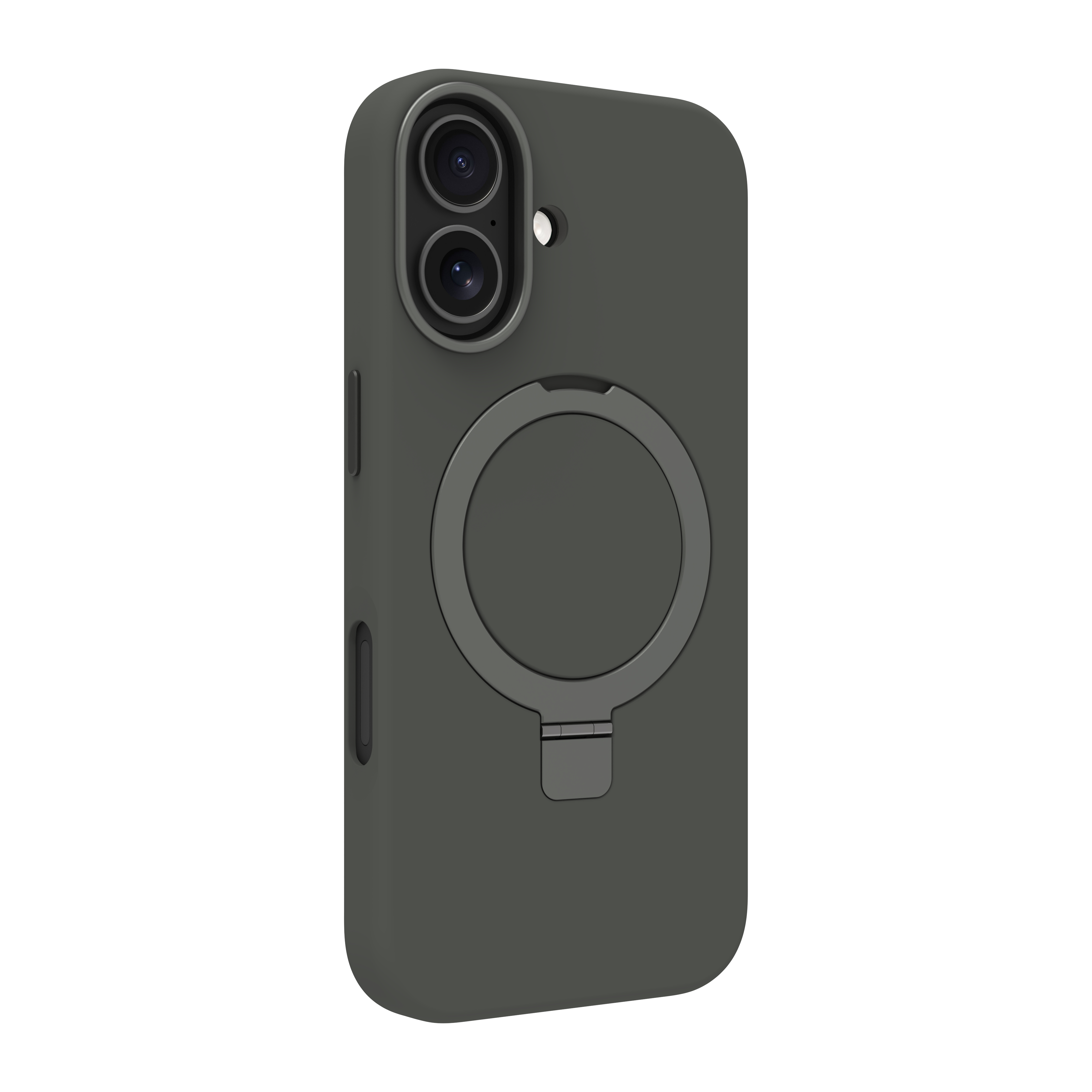 Una custodia per telefono verde scuro con due ritagli per fotocamera, un supporto ad anello e pulsanti laterali.