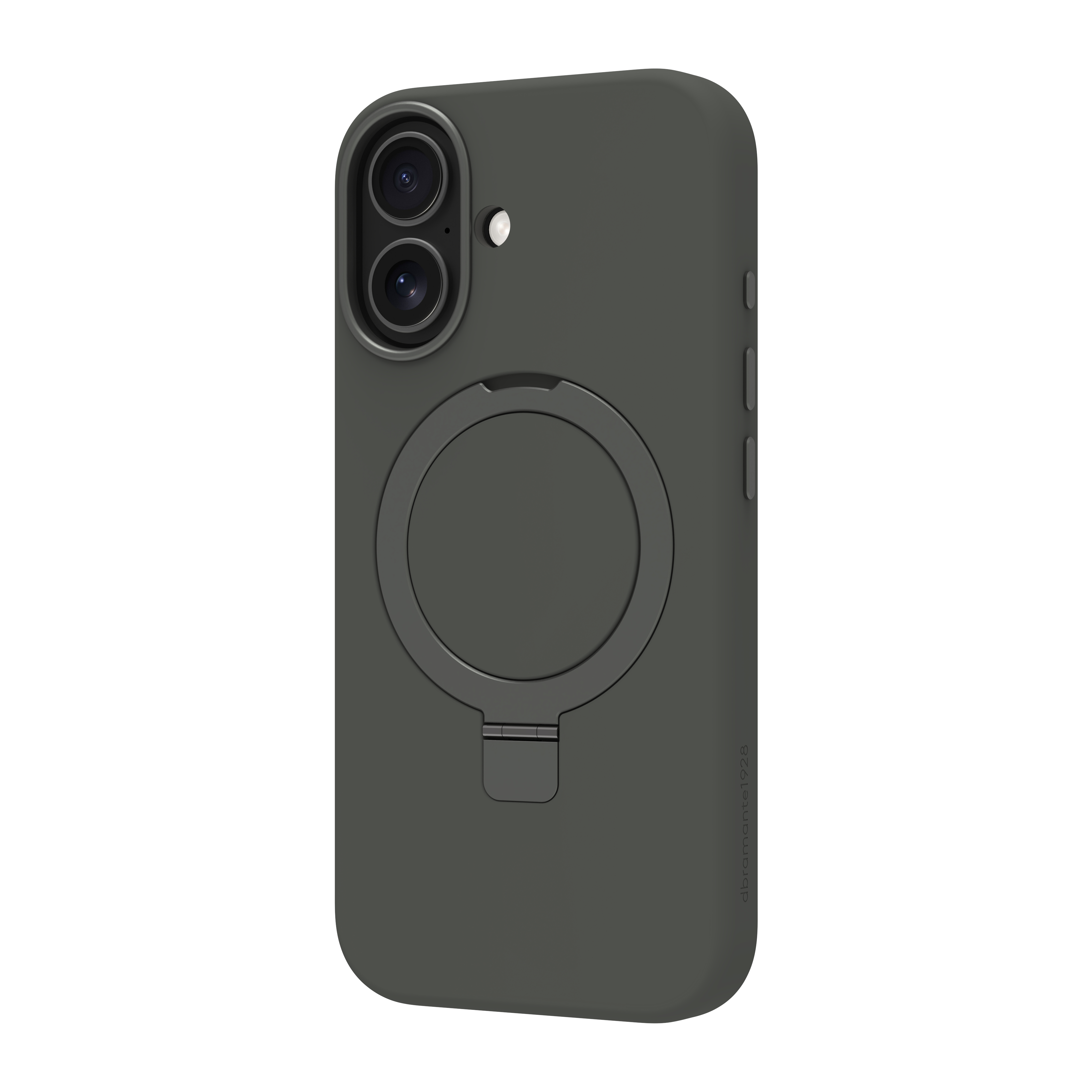 Una custodia per telefono grigio scuro con un supporto ad anello. Ha due fotocamere e pulsanti laterali. Lo sfondo è bianco.