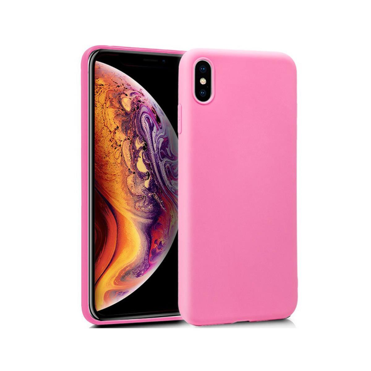 Una custodia rosa per telefono accanto a un telefono con uno sfondo colorato. La custodia ha un foro per la fotocamera.