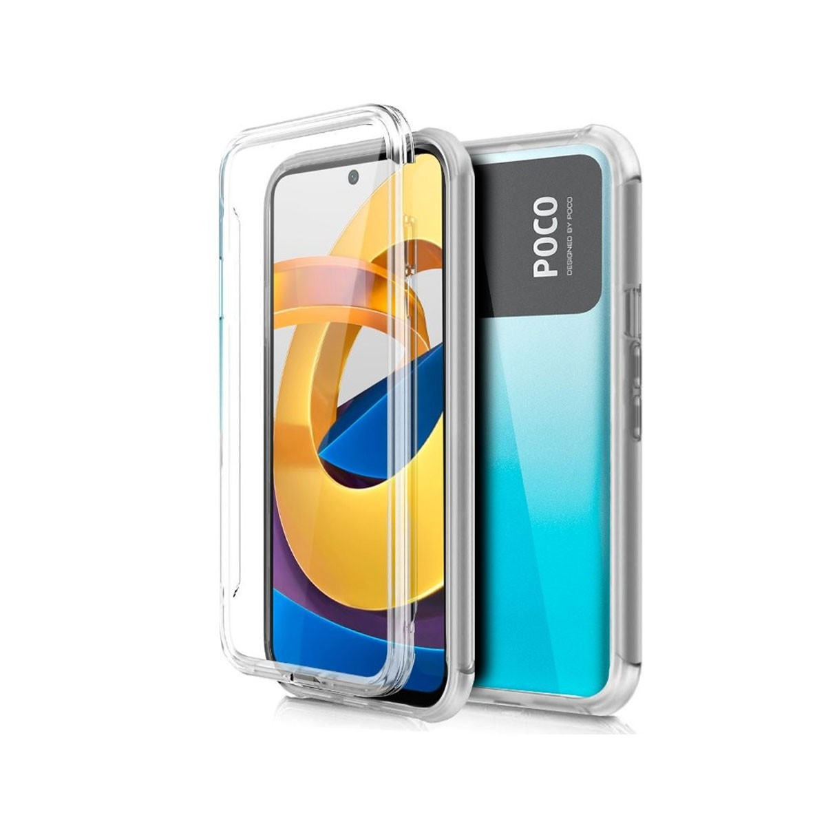 Uno smartphone in una custodia trasparente. Il telefono ha un retro blu, uno schermo con sfondo colorato e la scritta POCO.