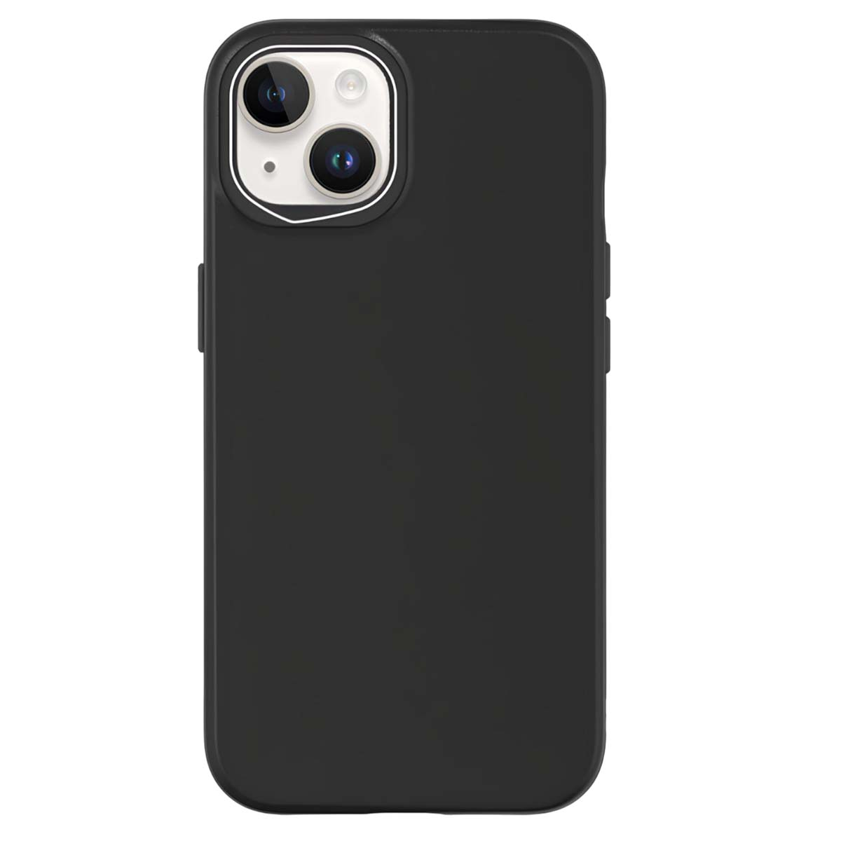 Una custodia nera per telefono con un ritaglio per la fotocamera. La custodia ha una superficie liscia e angoli arrotondati. Le lenti sono visibili.