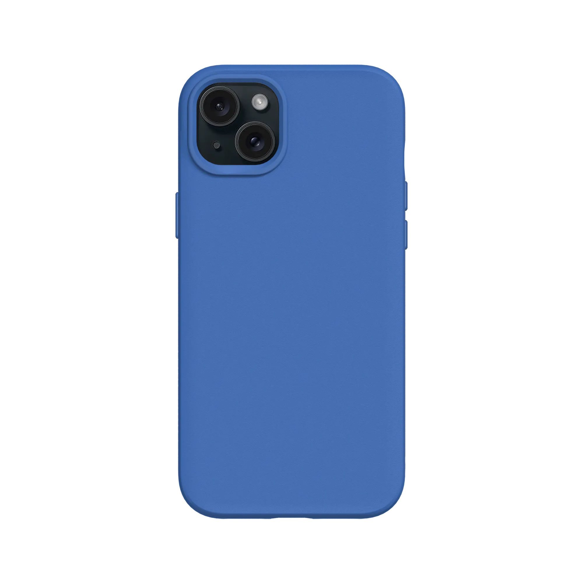 Una custodia blu per telefono con modulo fotocamera su sfondo bianco. La custodia ha angoli arrotondati e ritagli.