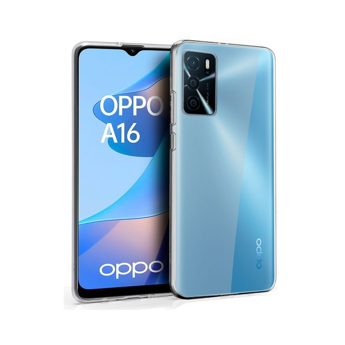Due smartphone Oppo A16. Uno mostra lo schermo con il testo Oppo A16, l'altro ha una fotocamera tripla.