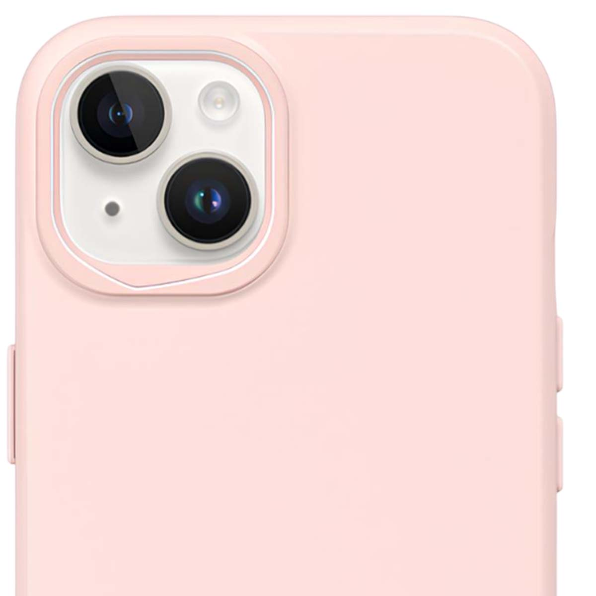 Primo piano di una custodia rosa per telefono. Ha due obiettivi e un flash. La custodia è liscia e arrotondata.