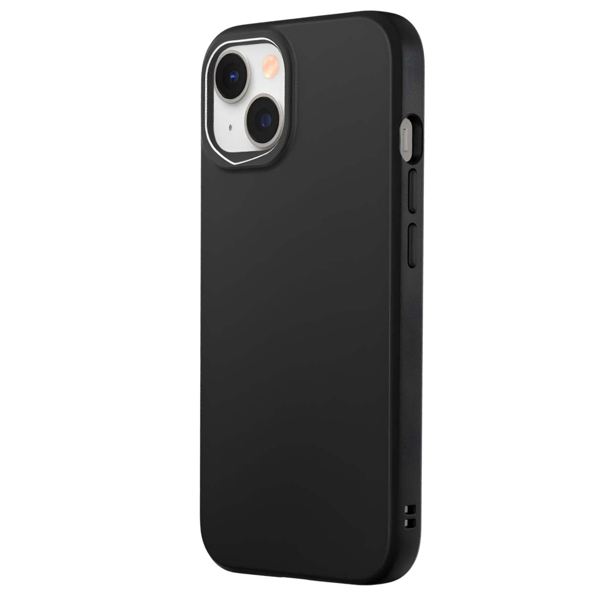 Una custodia nera per iPhone. La custodia è su sfondo bianco. Il telefono ha un rigonfiamento della fotocamera.