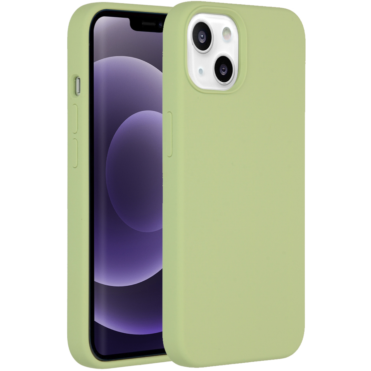Een lichtgroene telefoonhoes naast een telefoon. De telefoon heeft een paars scherm. Cameralens zichtbaar aan de achterkant.