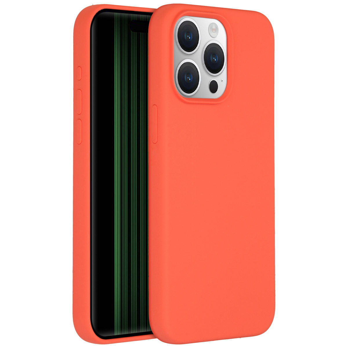 Een oranje telefoonhoesje met een telefoon erin. Het scherm toont groene verticale lijnen. De hoes heeft meerdere cameralenzen.