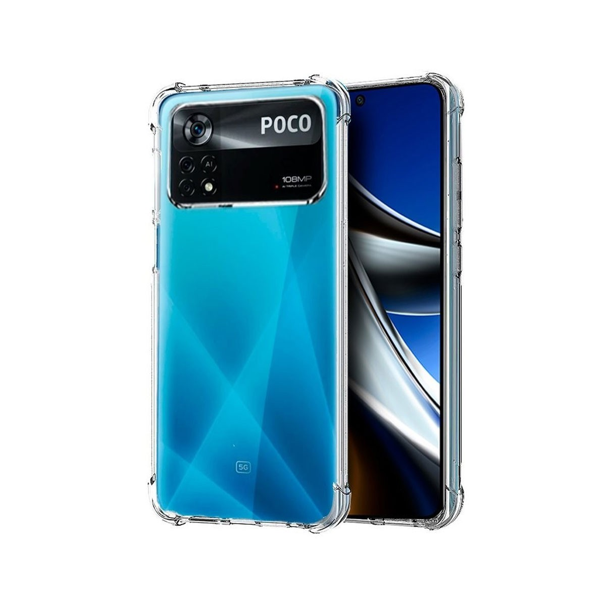 Un telefono Poco blu con una custodia trasparente. Il telefono ha un modulo fotocamera e la custodia copre il telefono.