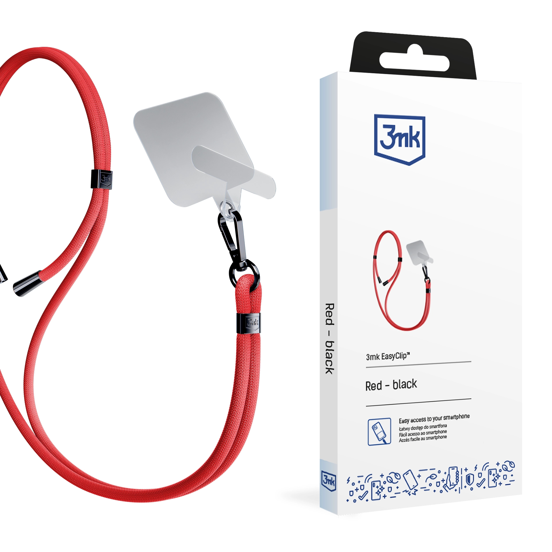 Un cordino rosso e nero per smartphone con un supporto per telefono bianco è accanto a una scatola del prodotto.