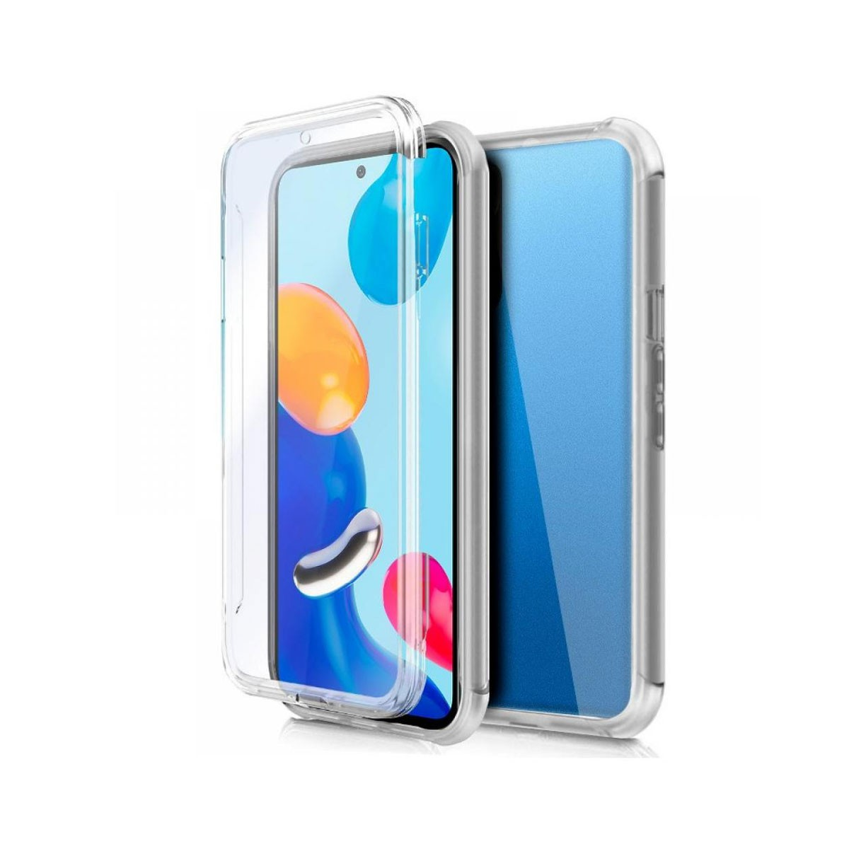 Una custodia trasparente per telefono è aperta, rivelando uno schermo con grafica blu, arancione e rossa. Lo sfondo è bianco.