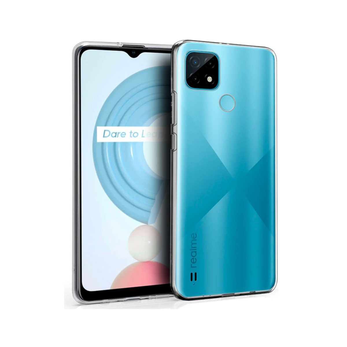 Un telefono Realme blu con schermo 'Dare to Leap'. Custodia trasparente attorno al telefono.