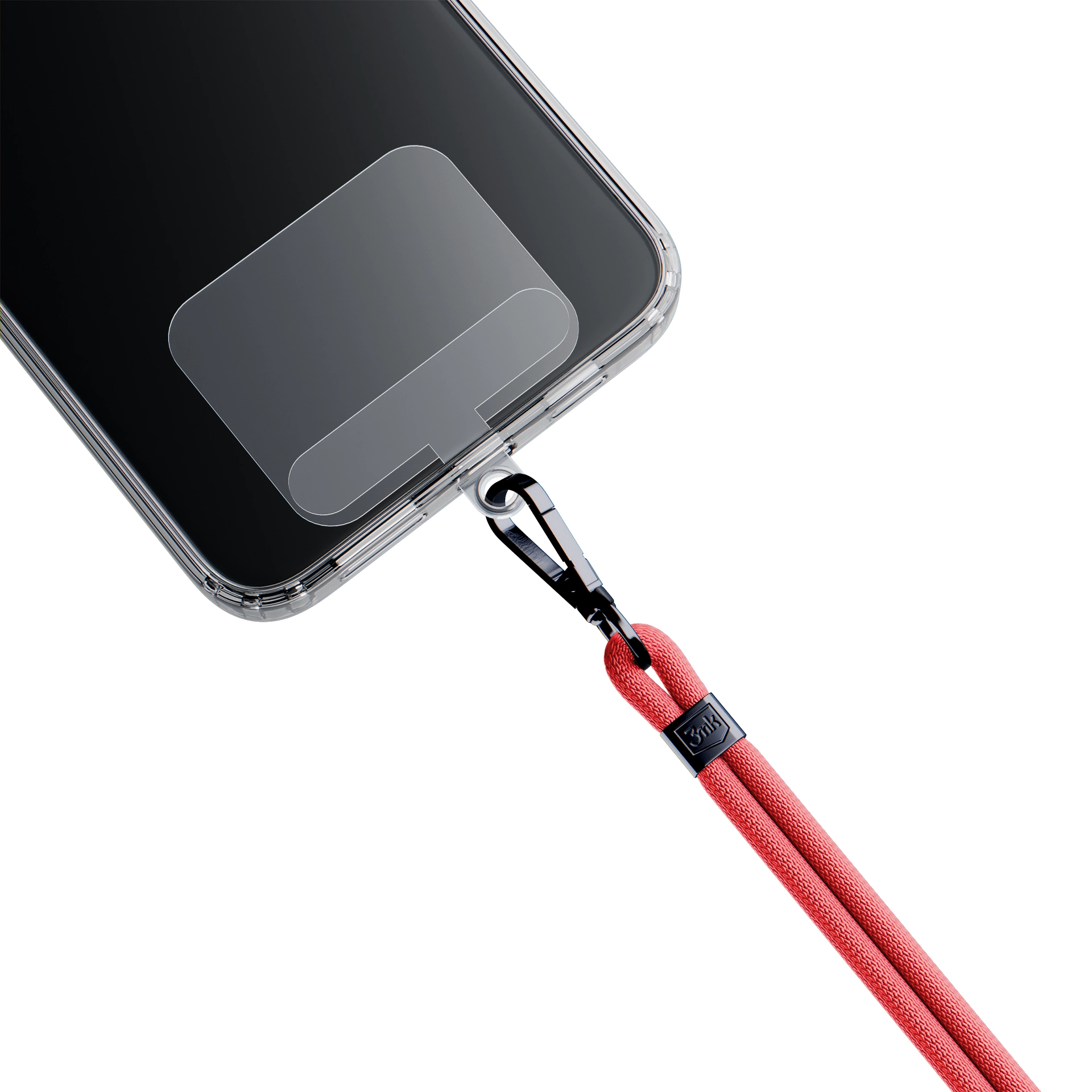 Un telefono in una custodia trasparente con un cordino rosso attaccato. Lo schermo del telefono è nero. Sfondo bianco.