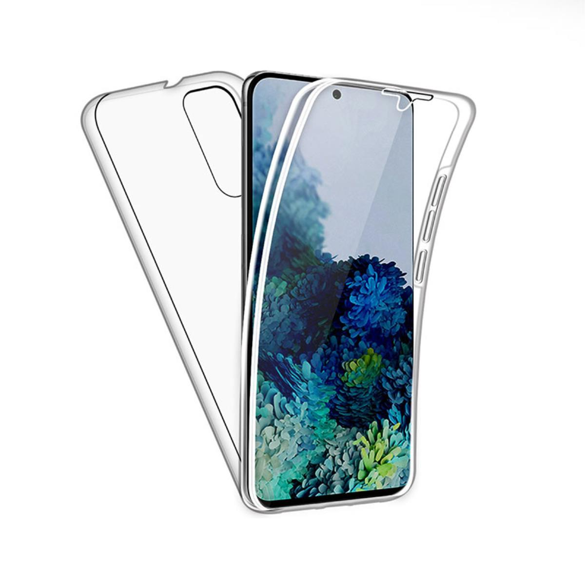 È mostrata una custodia trasparente parzialmente aperta, con un telefono all'interno. Lo schermo mostra motivi floreali blu e verdi.