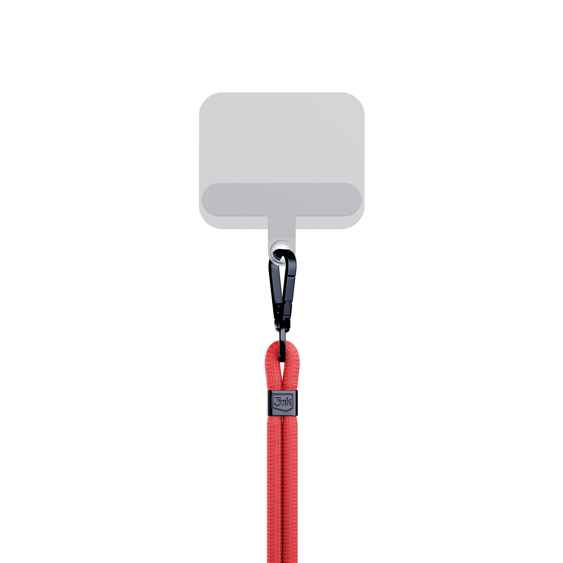 Un cordino per telefono. Ha una corda rossa, un fermaglio nero e un supporto per telefono bianco. Lo sfondo è bianco.