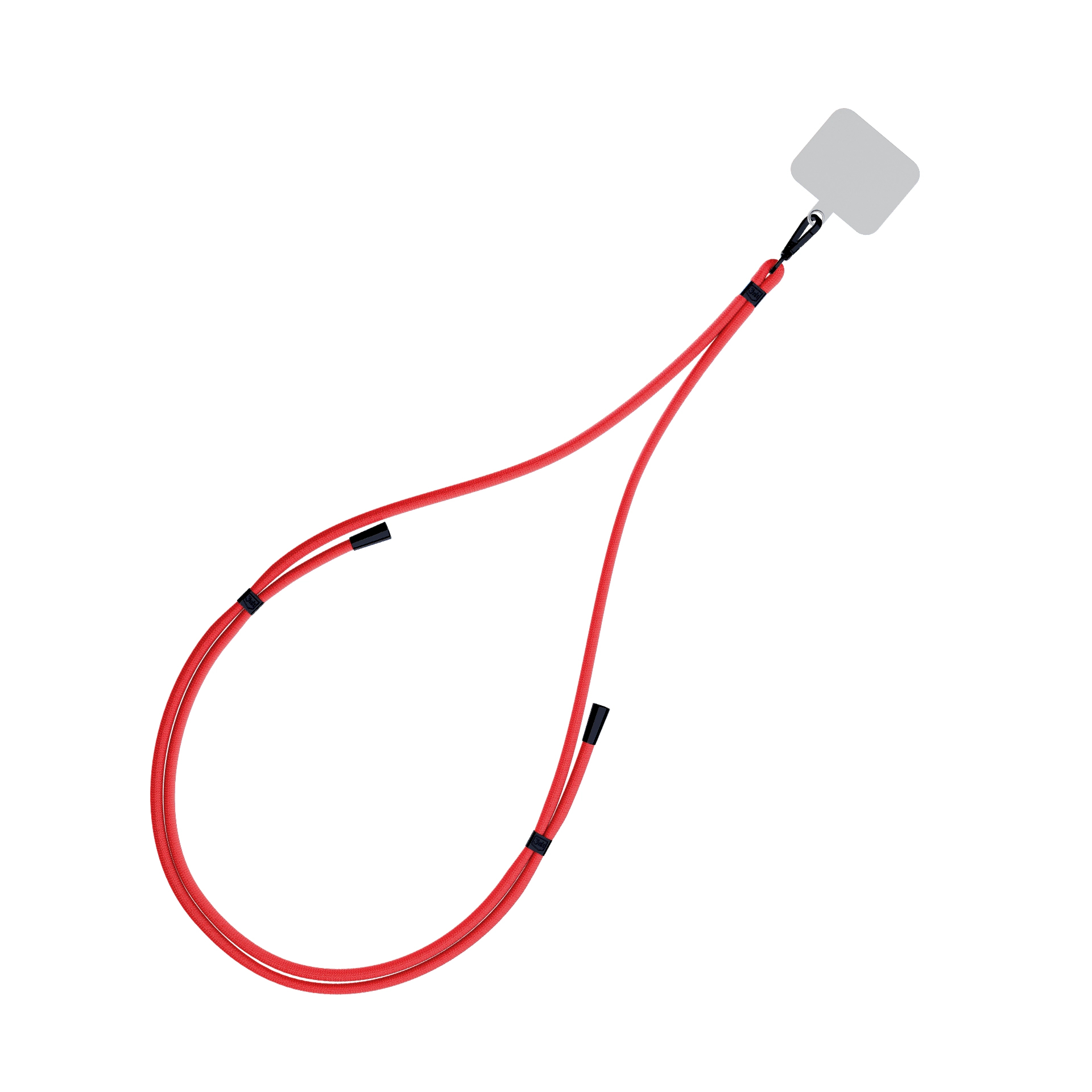 Un cordino rosso per telefono con un supporto grigio, clip nere e elementi di fissaggio neri su sfondo bianco.