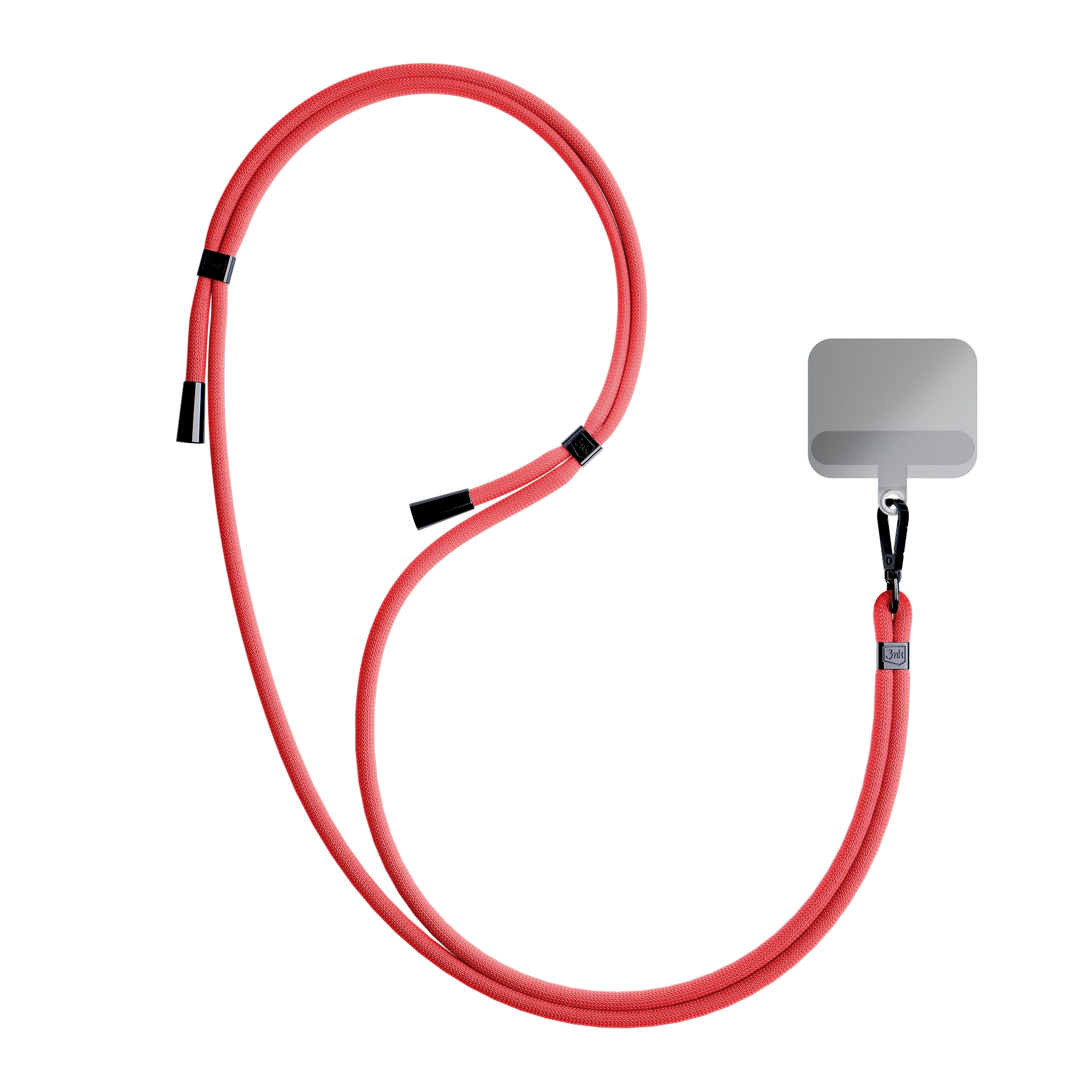 Un cordino rosso per telefono con supporto grigio, clip nere e marchio in bianco e nero, tutto su sfondo bianco.