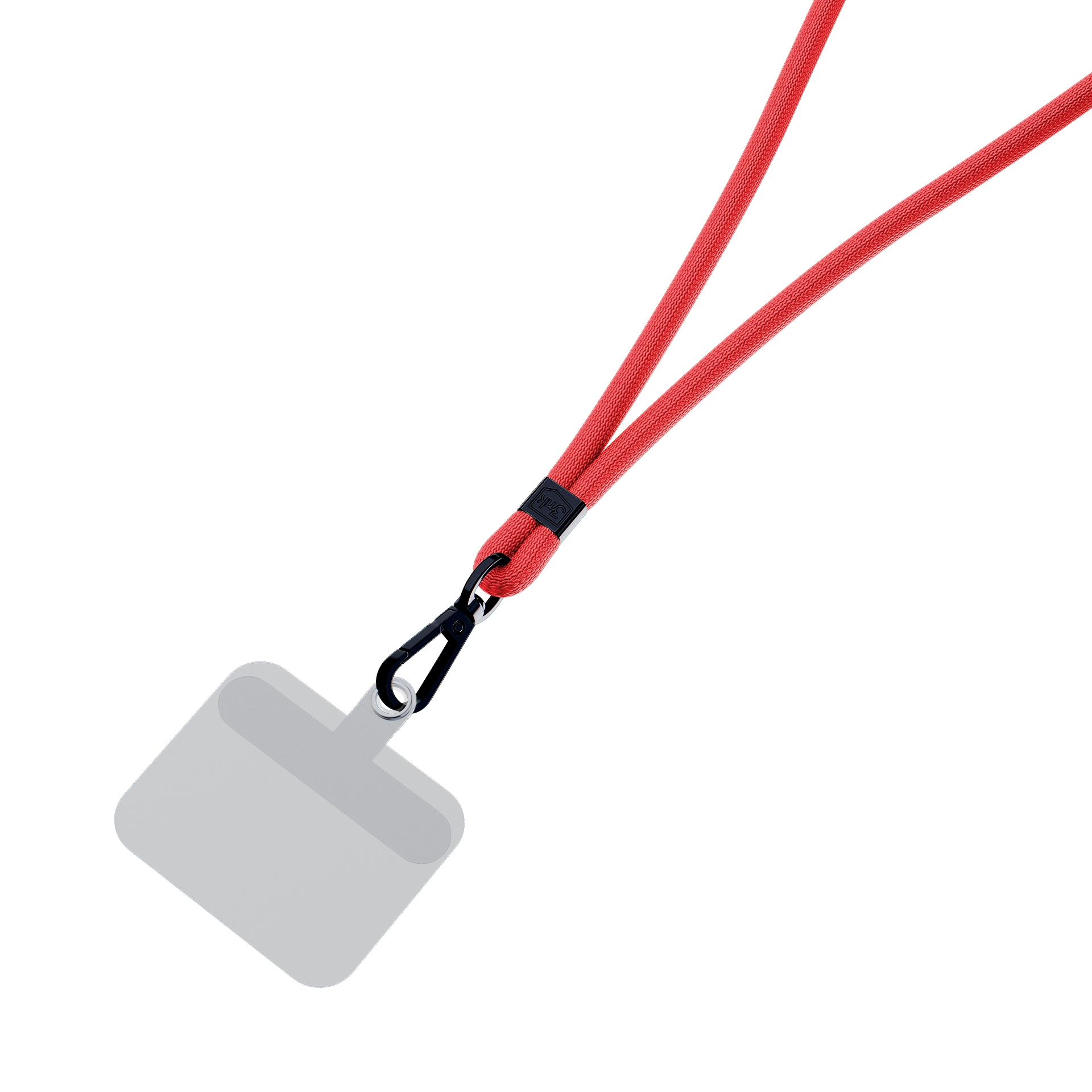 Lanyard rosso con clip nera e porta tessere grigio su sfondo bianco. Il lanyard è angolato.