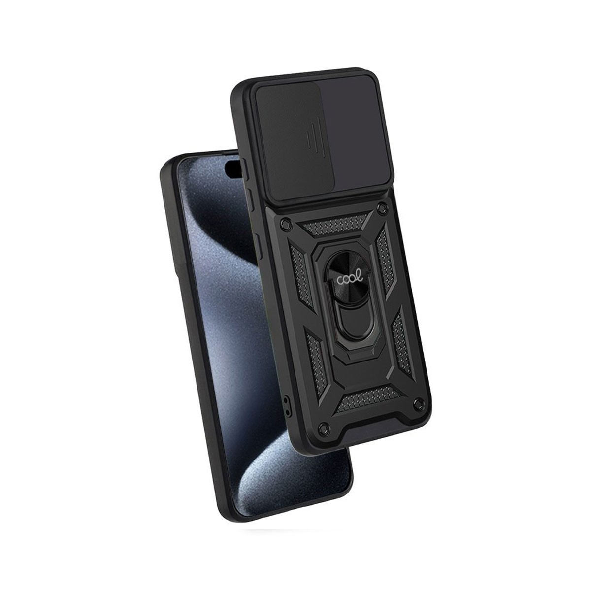 Telefono nero con custodia. La custodia ha una copertura per la fotocamera e un supporto ad anello. Il telefono è angolato, mostrando lo schermo.