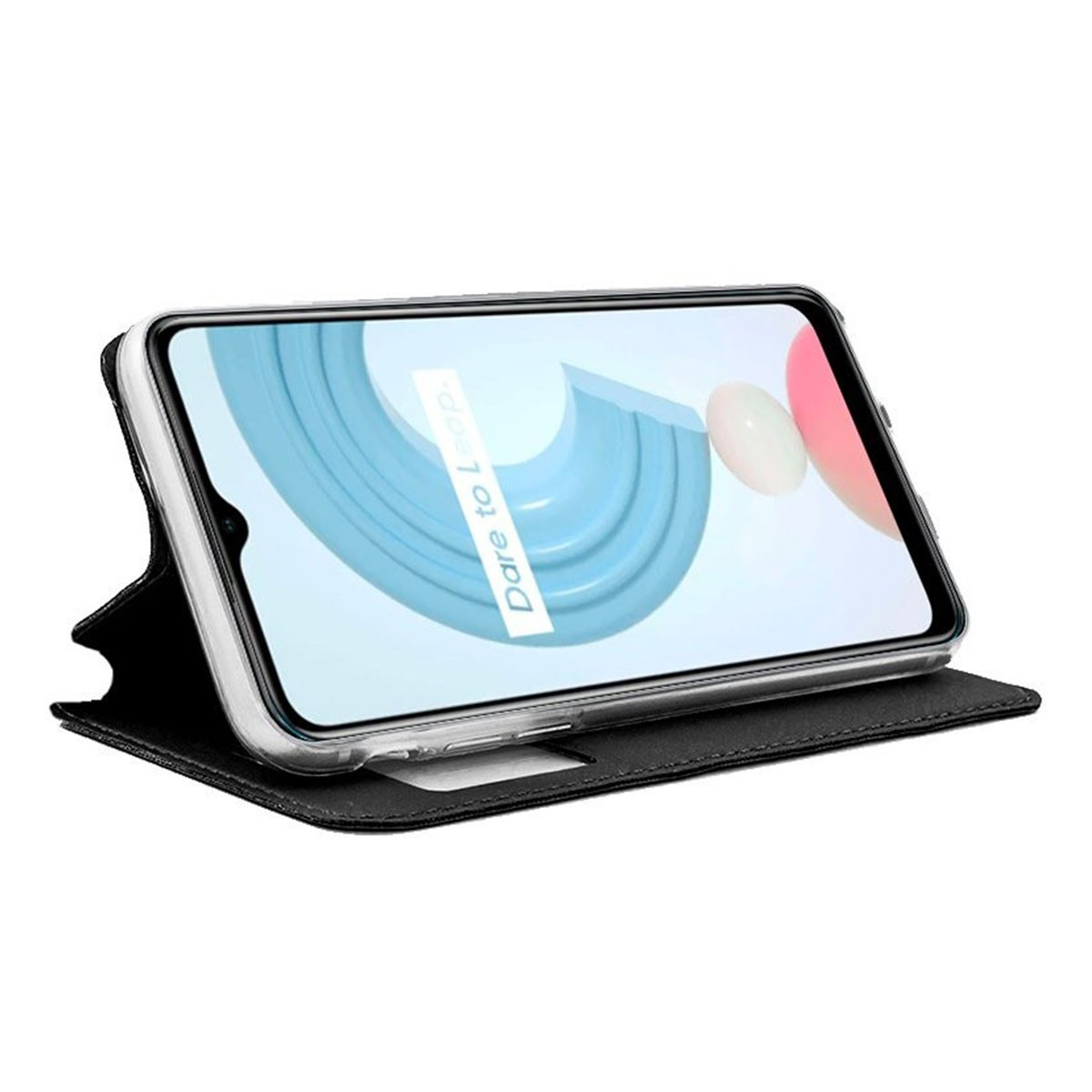 Uno smartphone in una custodia nera è in mostra. Lo schermo ha un design blu e rosa con le parole 'Dare to Leap'.