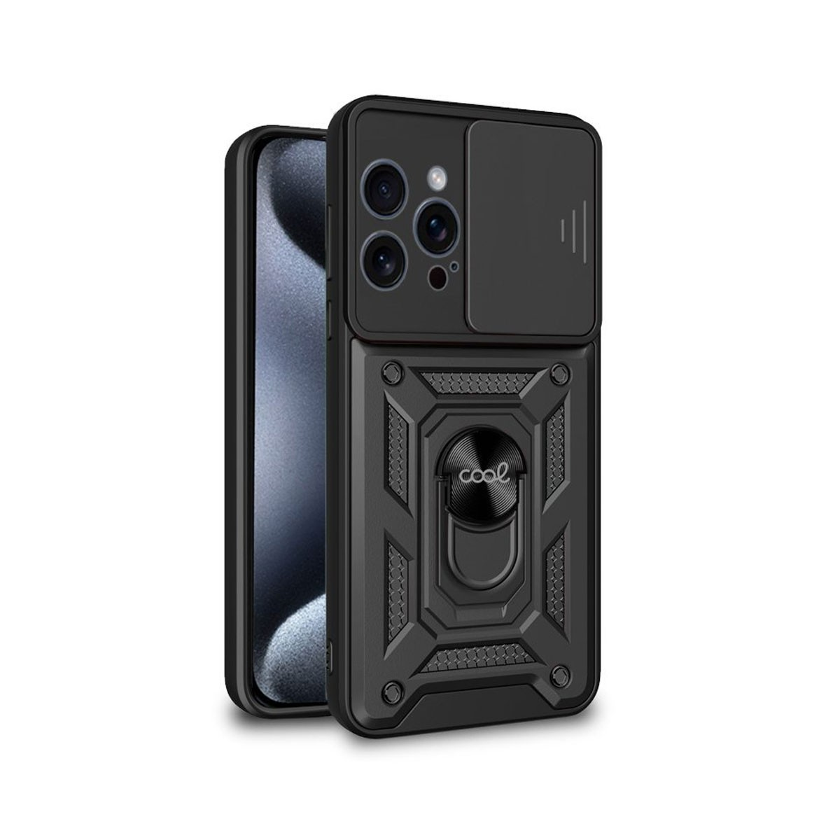 Custodia nera per telefono con protezione fotocamera e supporto ad anello. Il telefono è visibile a sinistra.