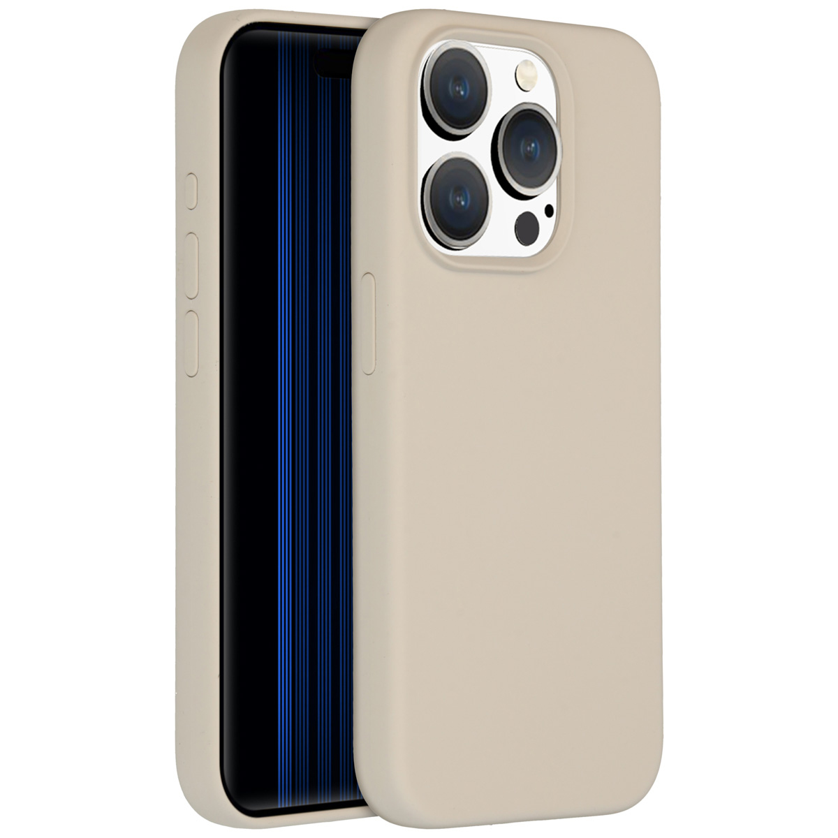 Een beige telefoonhoesje met een telefoon erin. Het telefoonscherm is zwart met blauwe verticale lijnen. Drie cameralenzen zijn zichtbaar.
