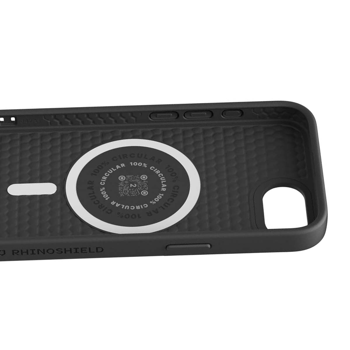 Coque de téléphone noire avec un autocollant circulaire indiquant '100% CIRCULAR'. La coque a un code QR et la marque 'RHINOSHIELD'.