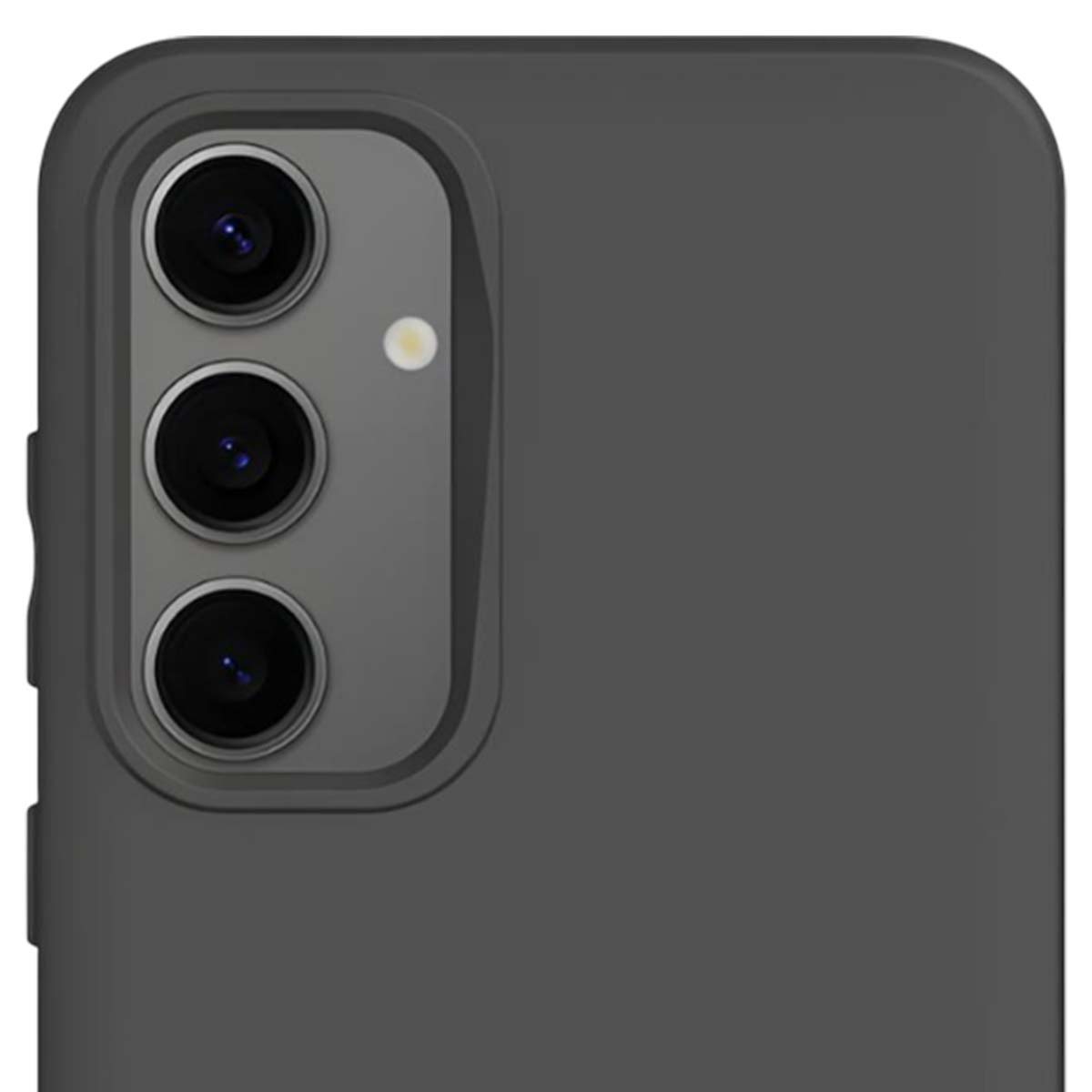 Primo piano di un modulo fotocamera del telefono con tre lenti e un flash. La parte posteriore del telefono è grigia.