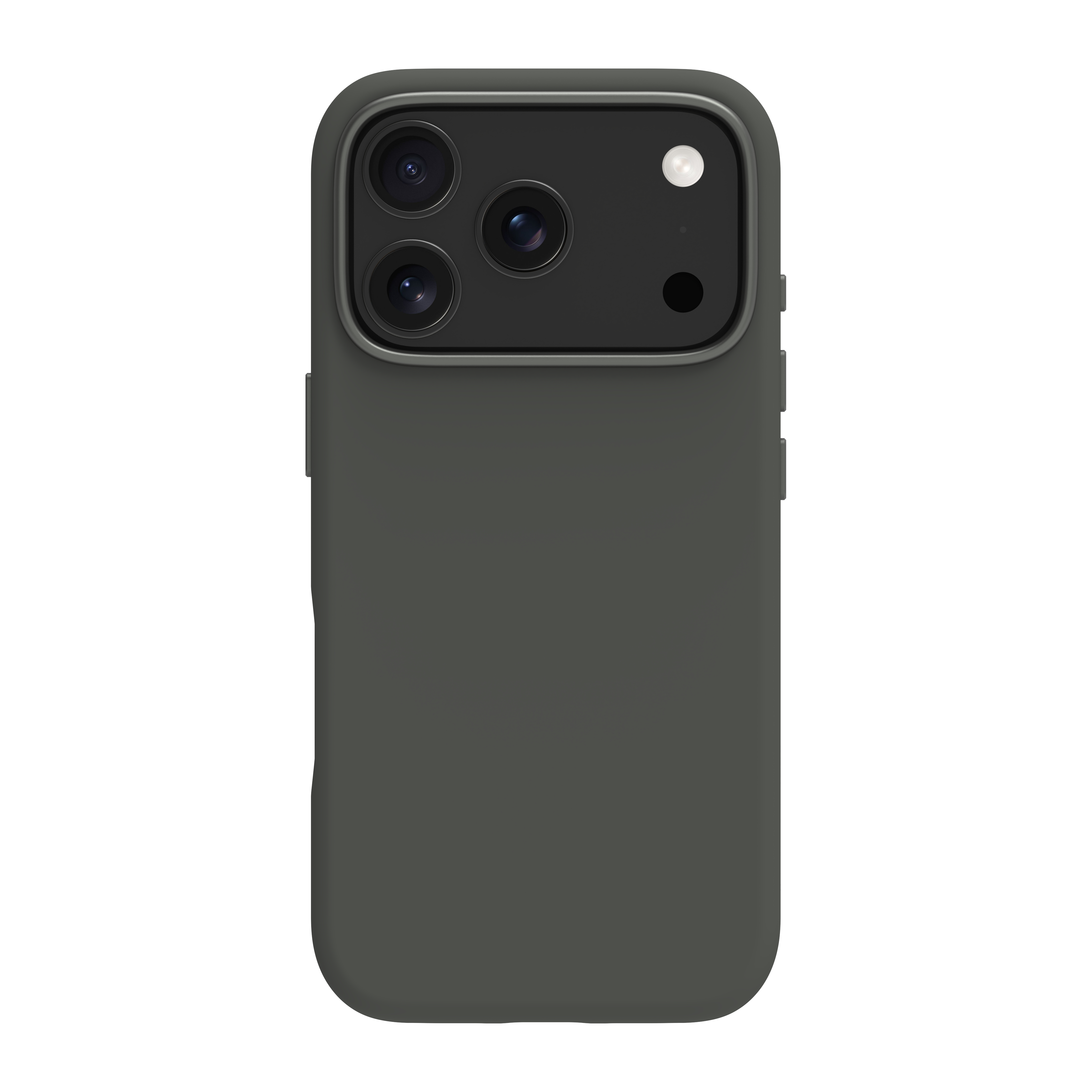 Une coque de téléphone vert foncé. L'arrière comporte des lentilles de caméra et un flash. Le fond est blanc.