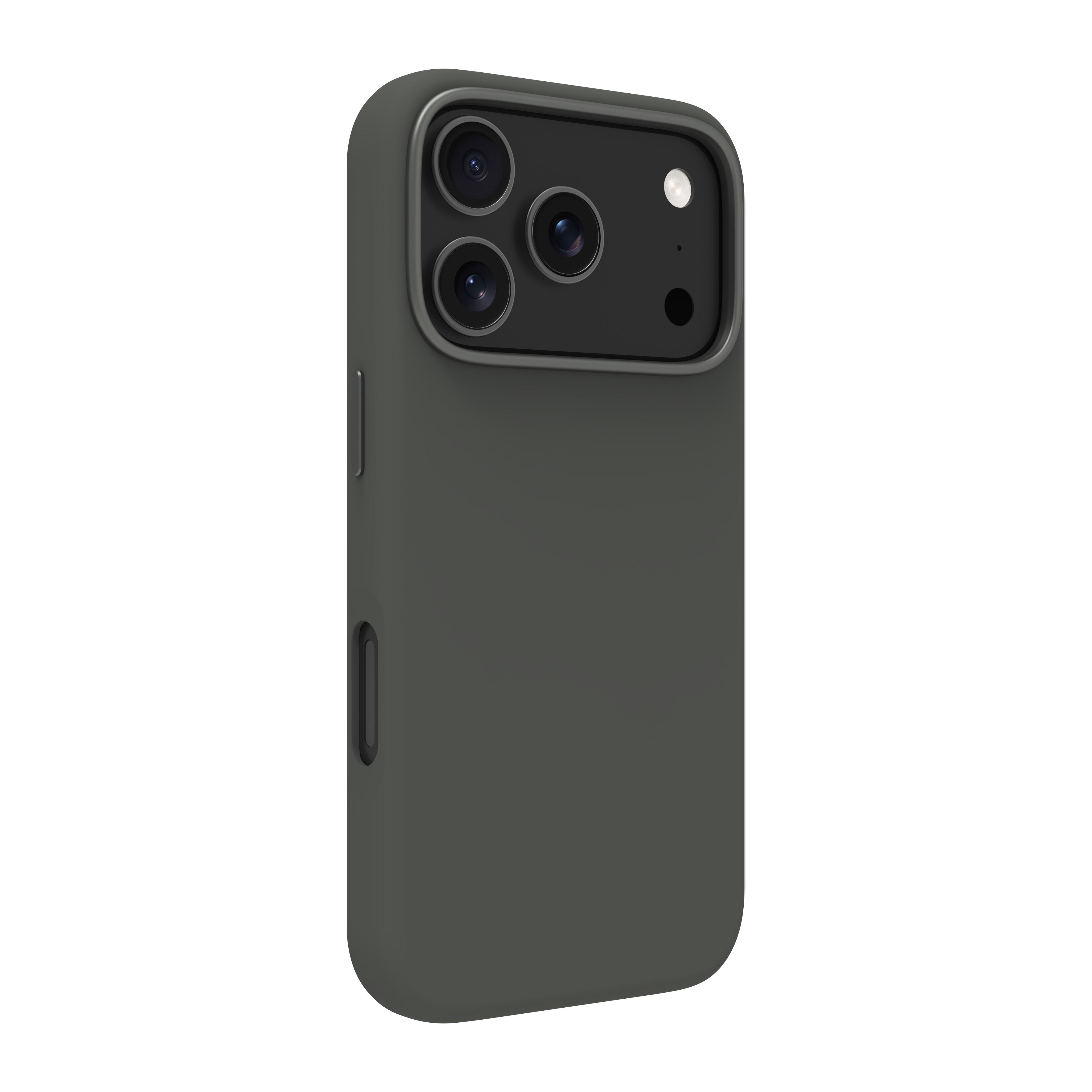 Un étui de téléphone vert foncé. Trois objectifs et un flash sont visibles.