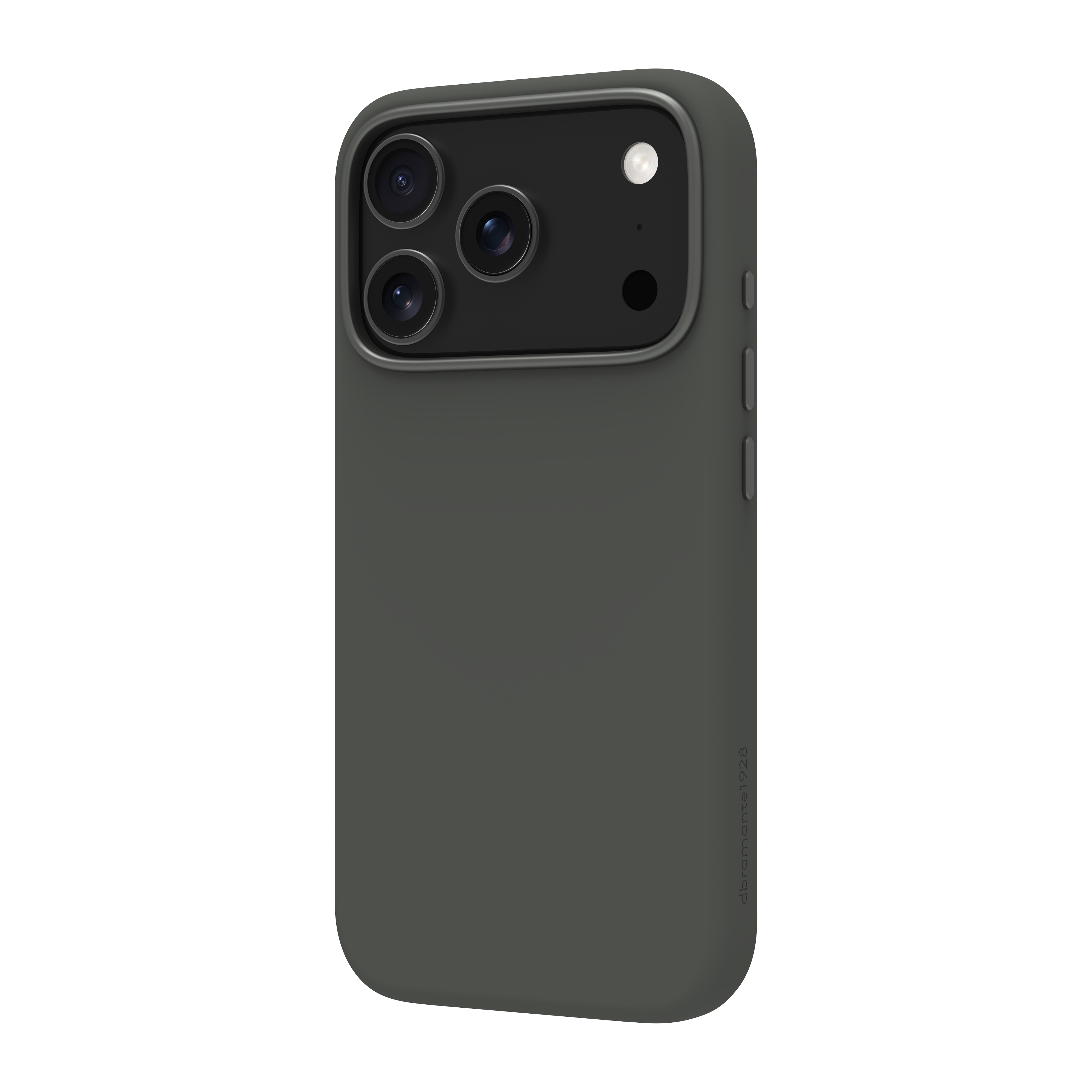 Une coque de téléphone vert foncé. Les lentilles de la caméra sont visibles en haut. L'étui est sur fond blanc.