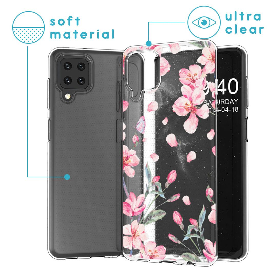 Een telefoonhoesje met roze bloemendesign. Daarnaast een telefoon en een andere hoes. Tekstlabels zeggen 'zacht materiaal' en 'ultra helder'.