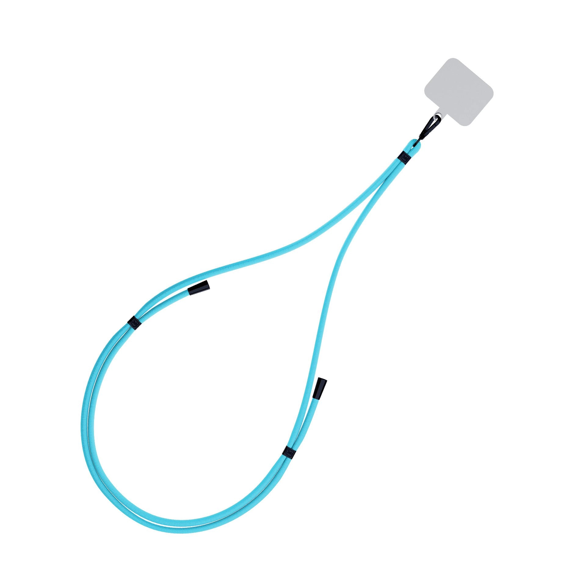 Un cordino per telefono azzurro con un supporto per telefono grigio e clip nere su sfondo bianco.
