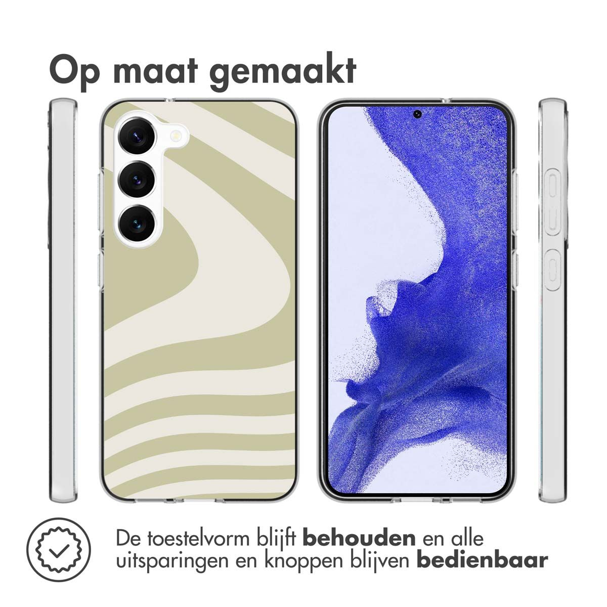 Coque de téléphone avec motif vagues et téléphone, vue latérale. Texte 'Op maat gemaakt'. Texte en bas: 'De toestelvorm blijft behouden...'