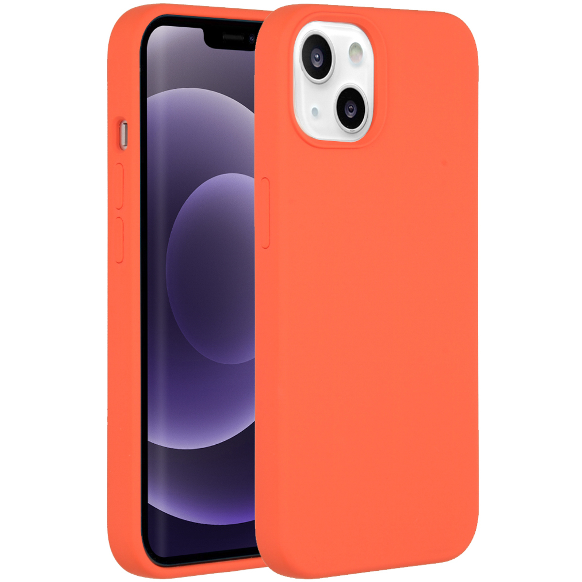 Een oranje telefoonhoesje met een iPhone erin. De telefoon is zwart en paars. De hoes heeft cameragaten.