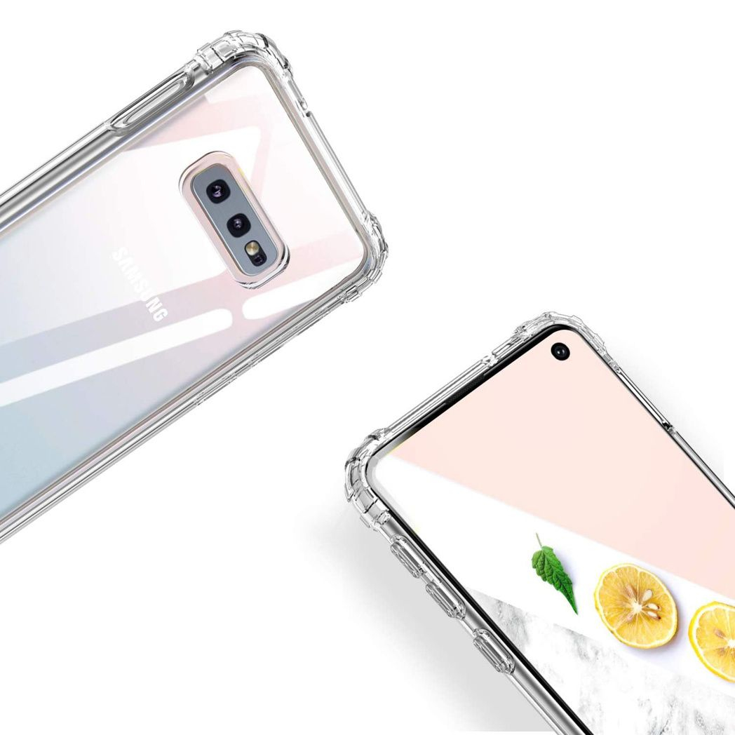 Twee transparante telefoonhoesjes. Eén met een Samsung telefoon. De andere toont een scherm met citroenen en een groen blad.