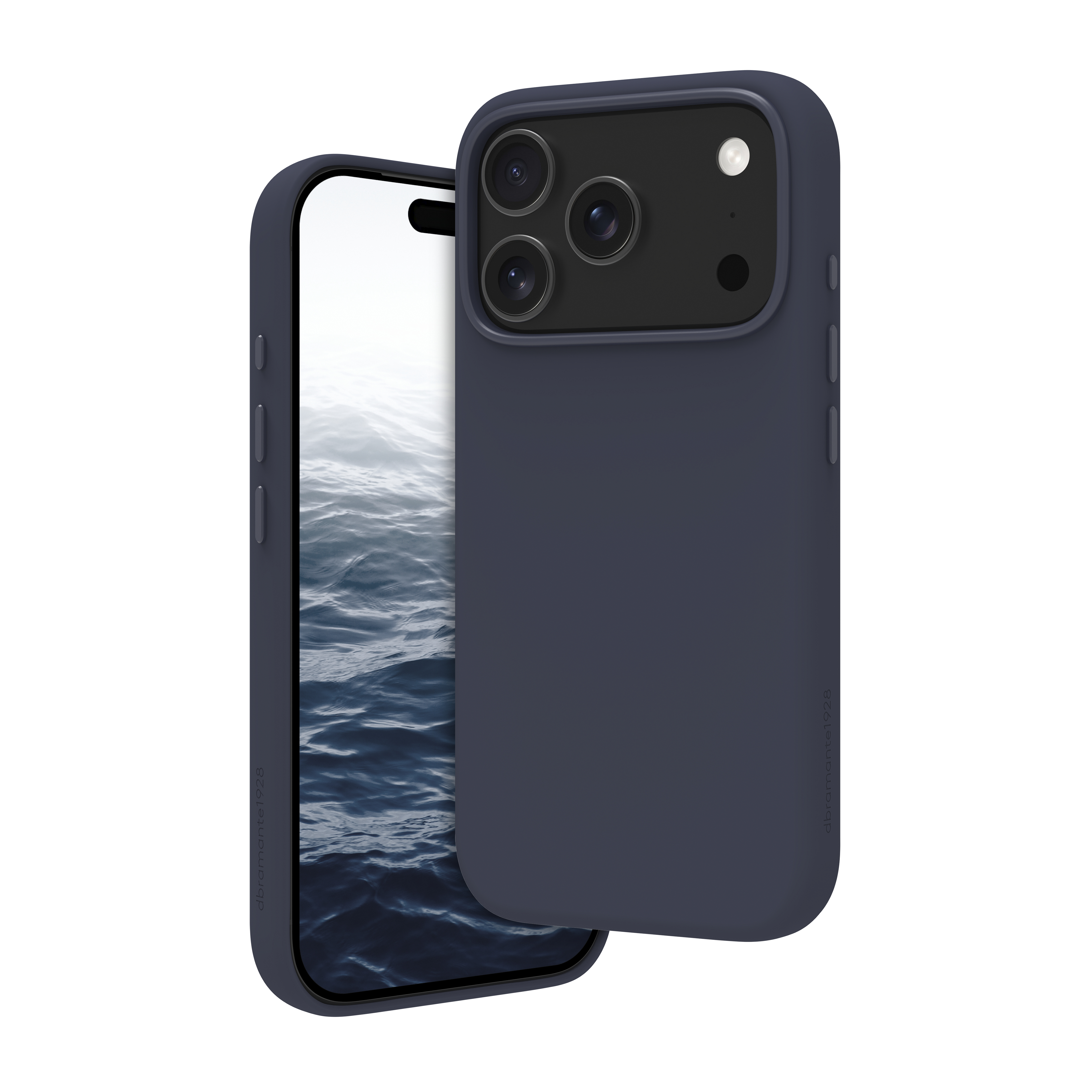 Una custodia blu scuro per telefono su un telefono. Il telefono mostra un'immagine dell'acqua. La custodia ha tre obiettivi.