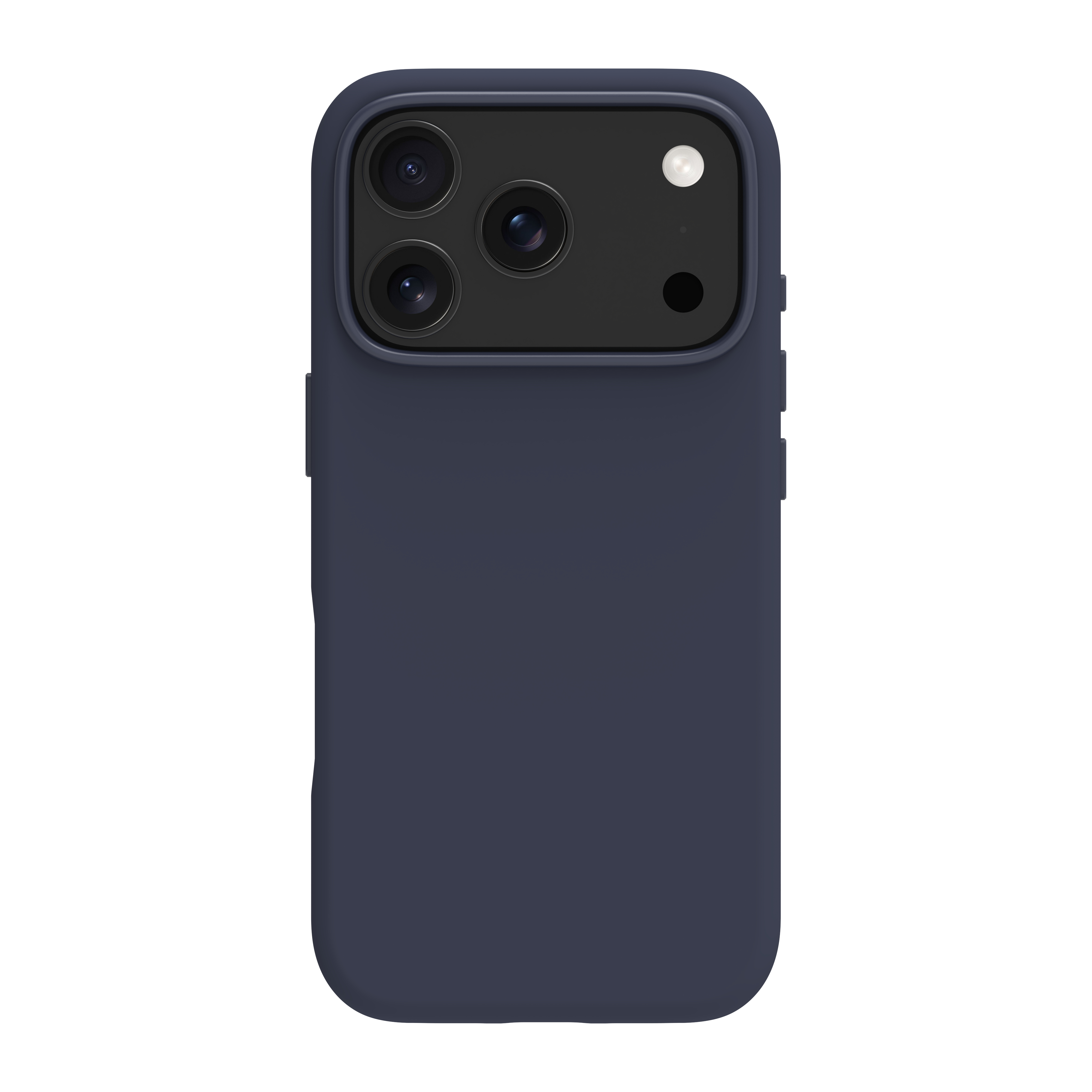 Una custodia blu navy per telefono. Ha un pannello fotocamera con tre lenti e un flash. Lo sfondo è bianco.