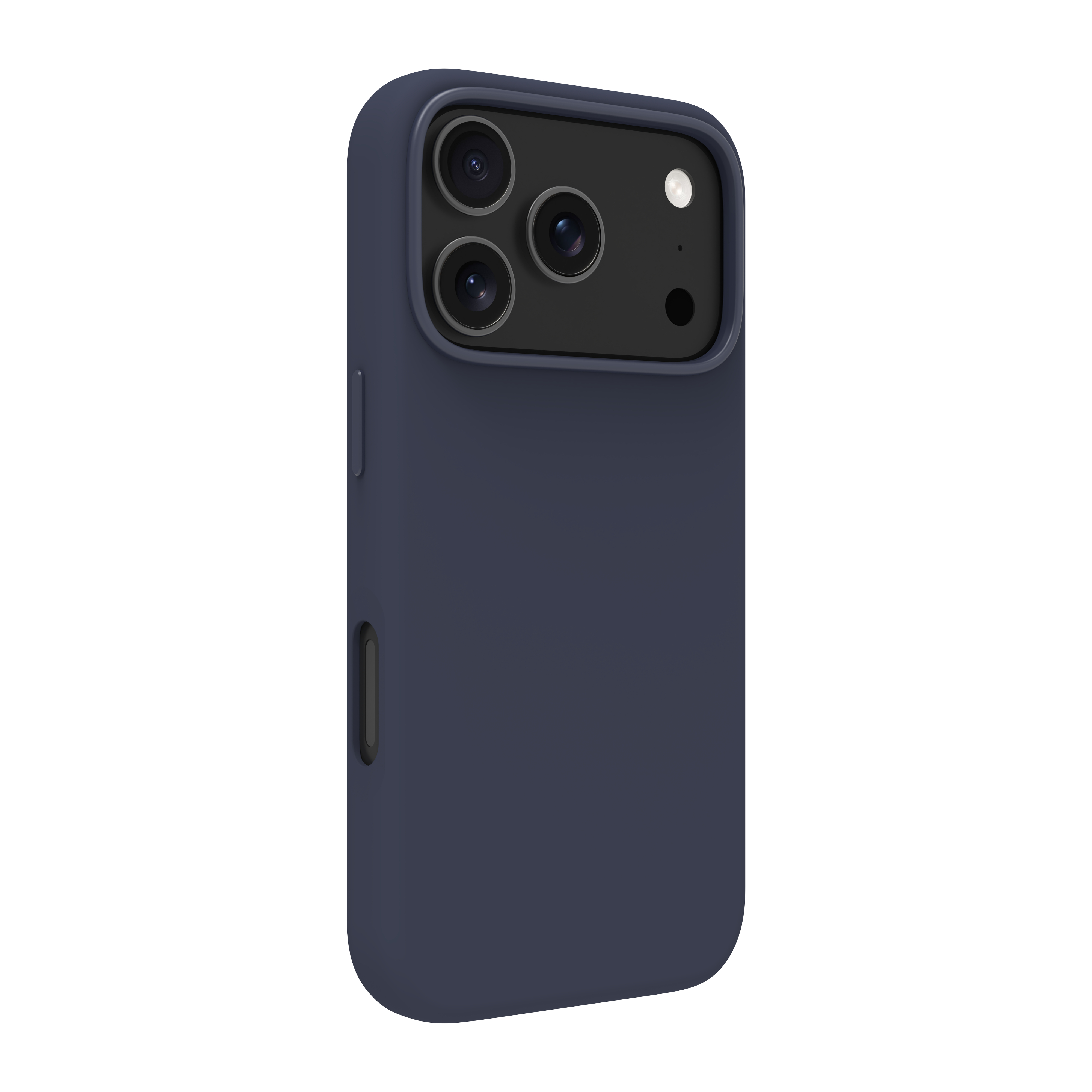 Una custodia per telefono blu scuro. Ha tre lenti della fotocamera e un flash sul retro. Lo sfondo è bianco.