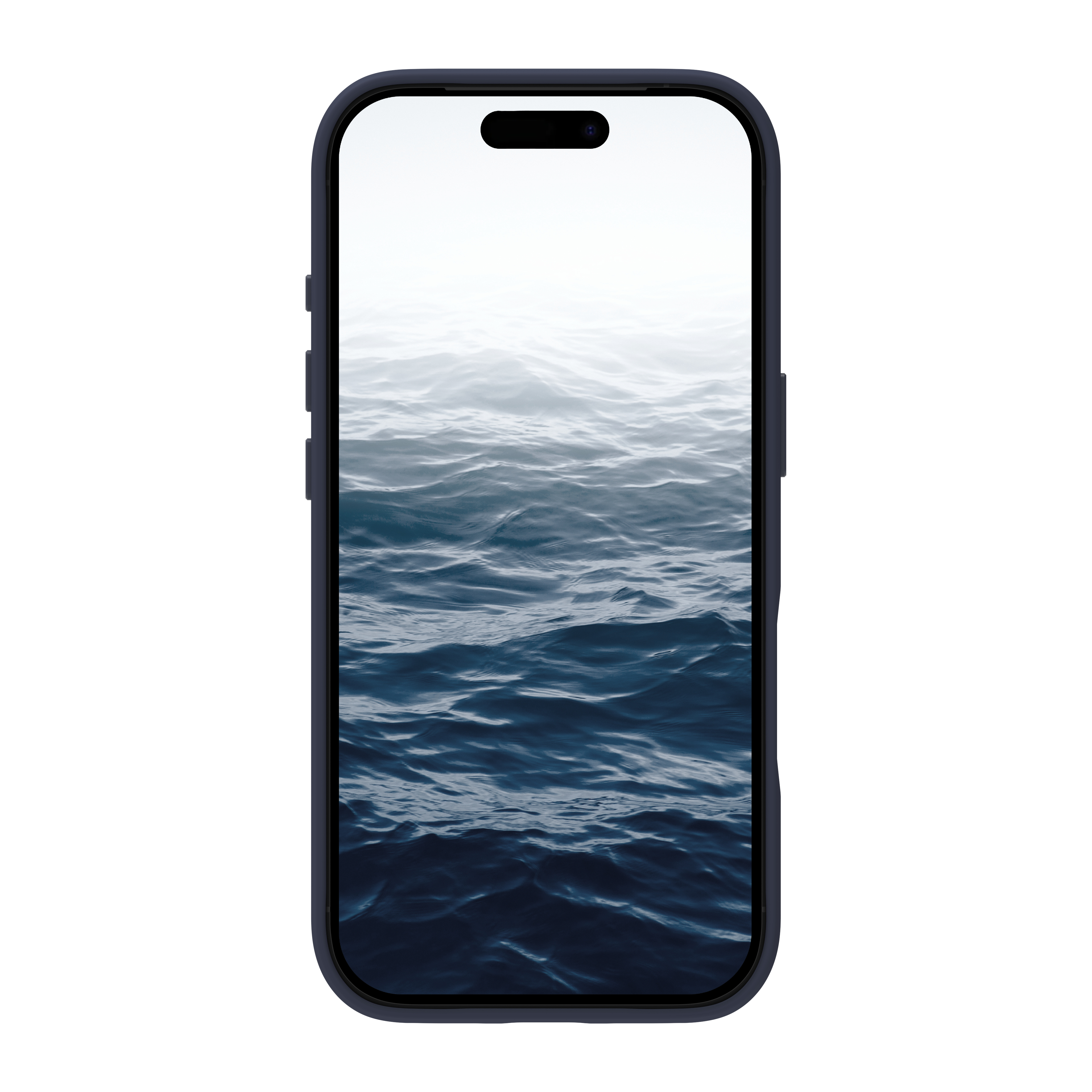 Uno smartphone mostra una vista sull'oceano con le onde. Il telefono ha una custodia blu scuro e uno sfondo bianco.