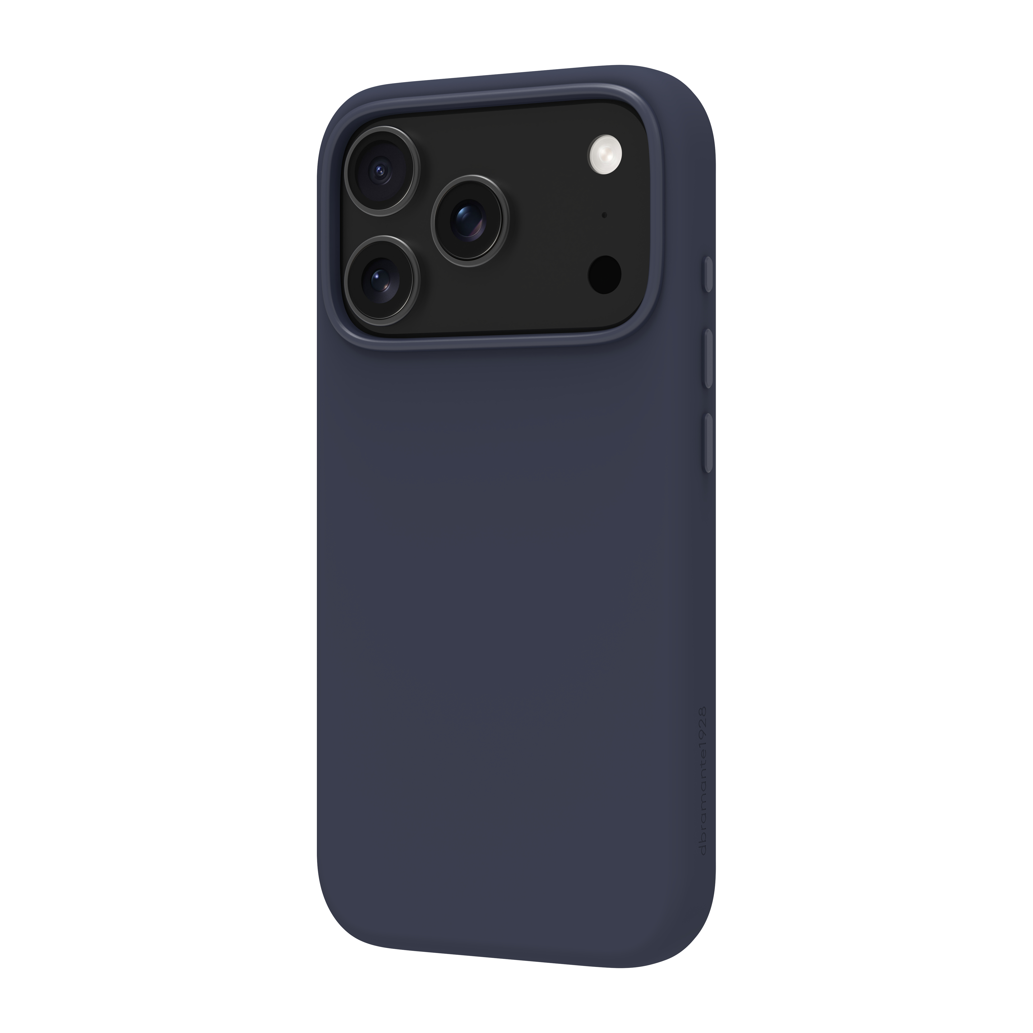 Una custodia per telefono blu scuro su sfondo bianco. Ha un ritaglio per la fotocamera con tre lenti e un flash.