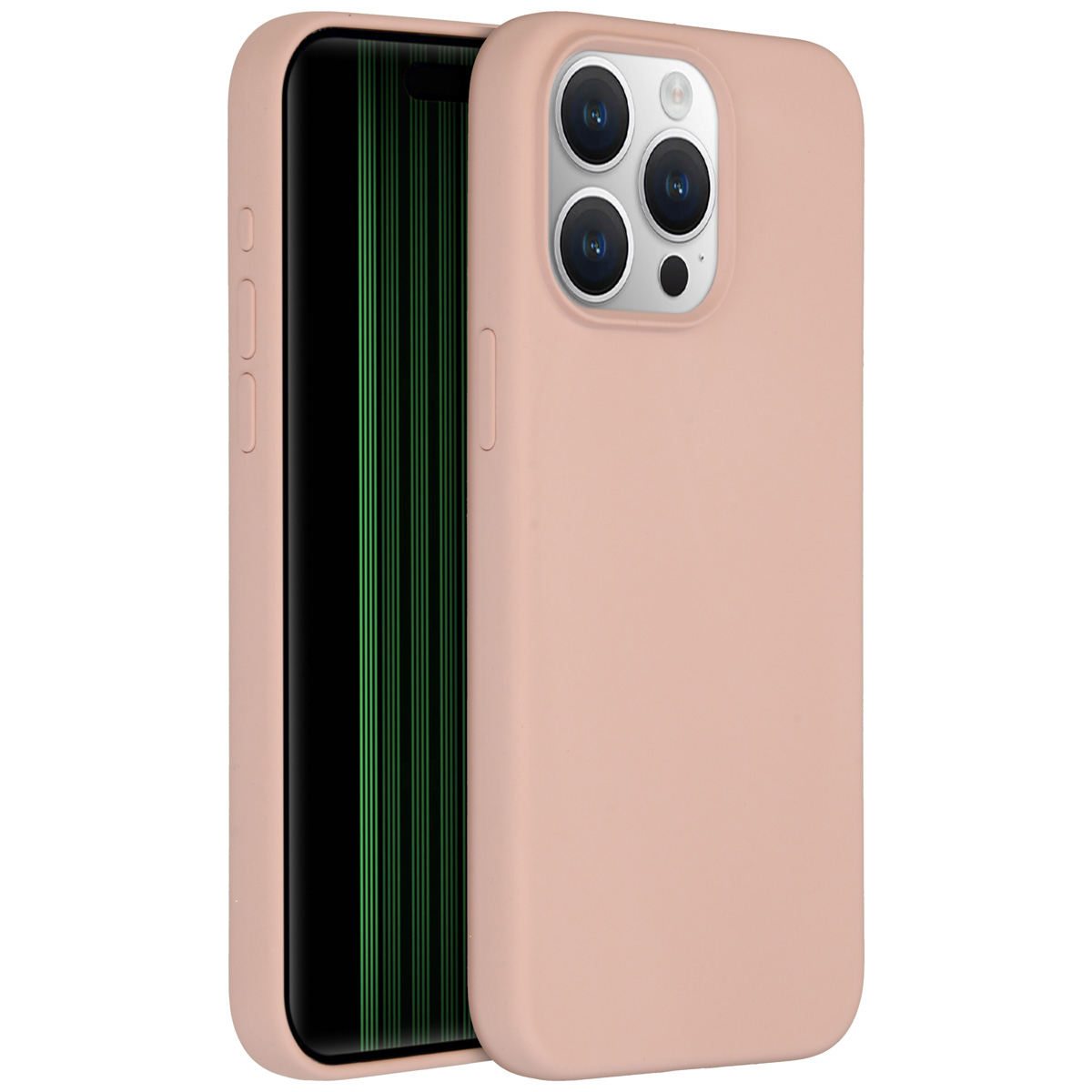 Een roze telefoonhoesje met een telefoon erin, het scherm heeft groene lijnen. De camera heeft drie lenzen. Witte achtergrond.