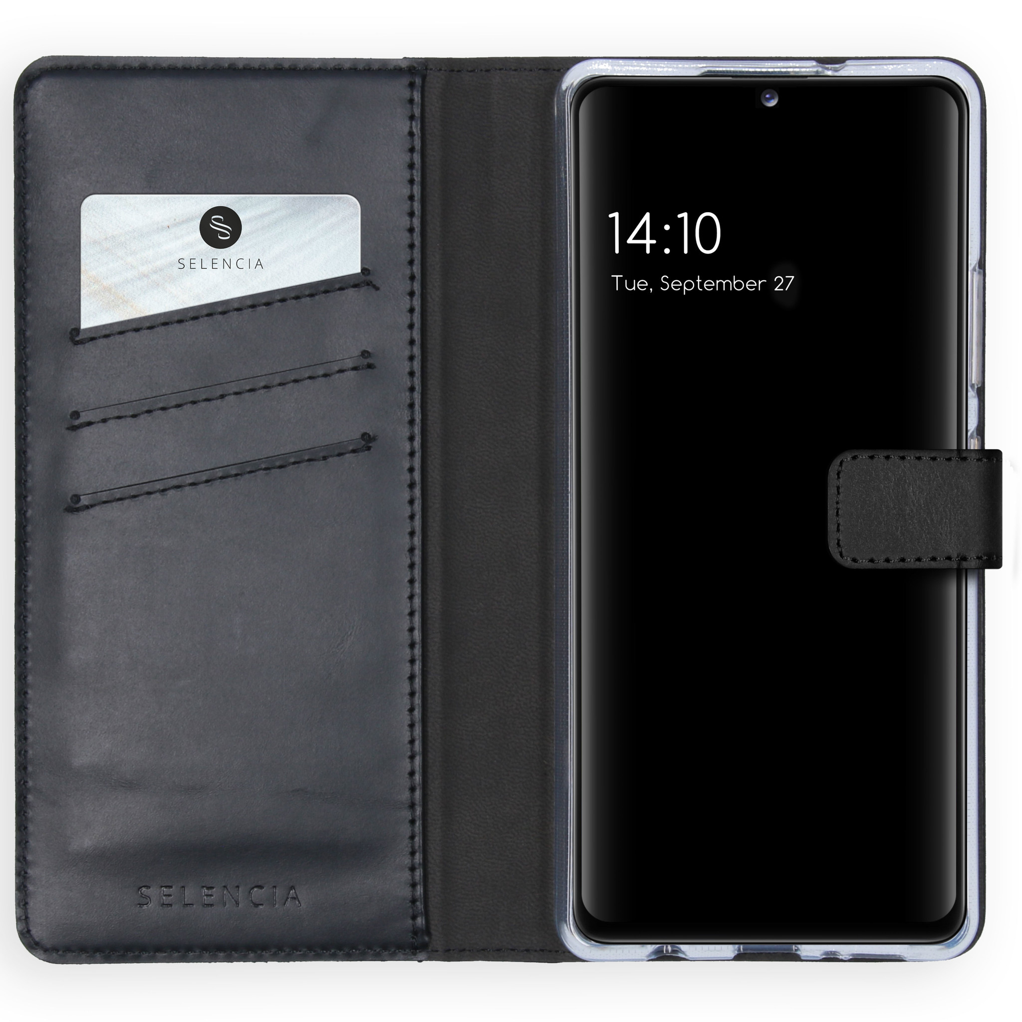 Étui de téléphone noir ouvert. Le téléphone affiche l'heure et la date. Carte avec logo dans une fente. Aspect cuir avec coutures.
