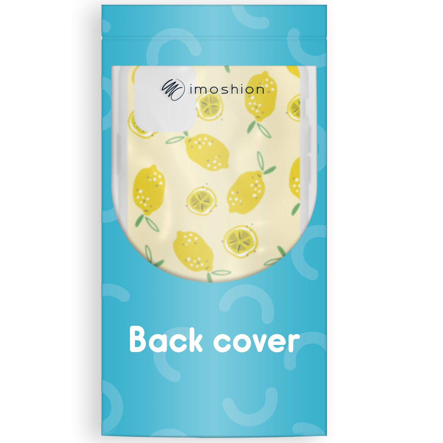 Eine Handy-Rückseite mit Zitronenmuster in einer blauen Verpackung, beschriftet mit 'Back cover'.
