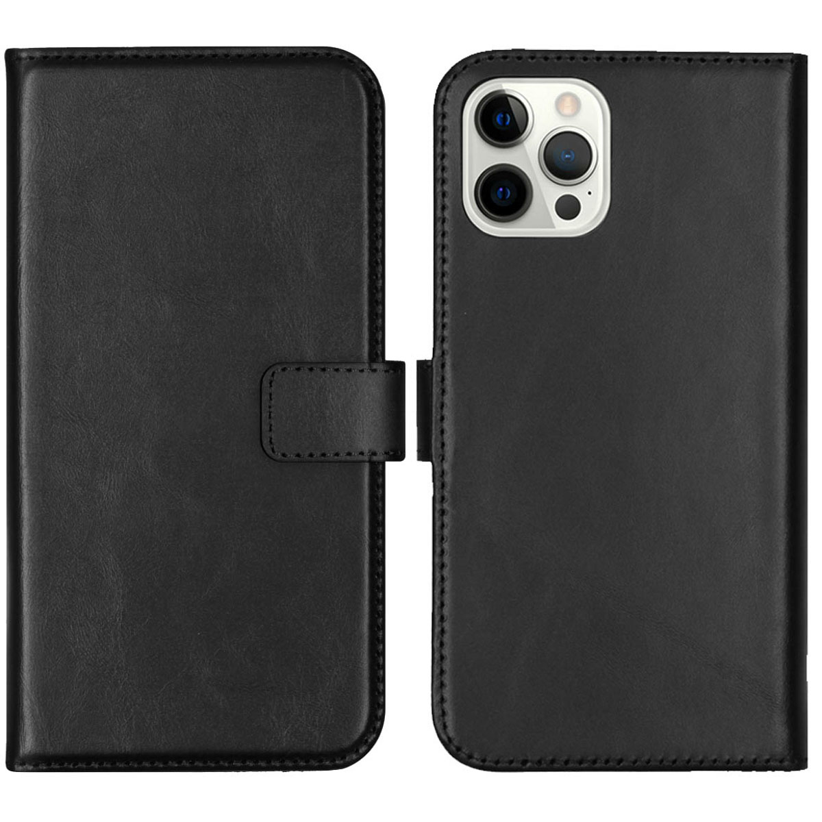 Een zwarte leren telefoonhoes, open. Het heeft een flap met magneetsluiting. De cameralenzen van de telefoon zijn rechts zichtbaar.