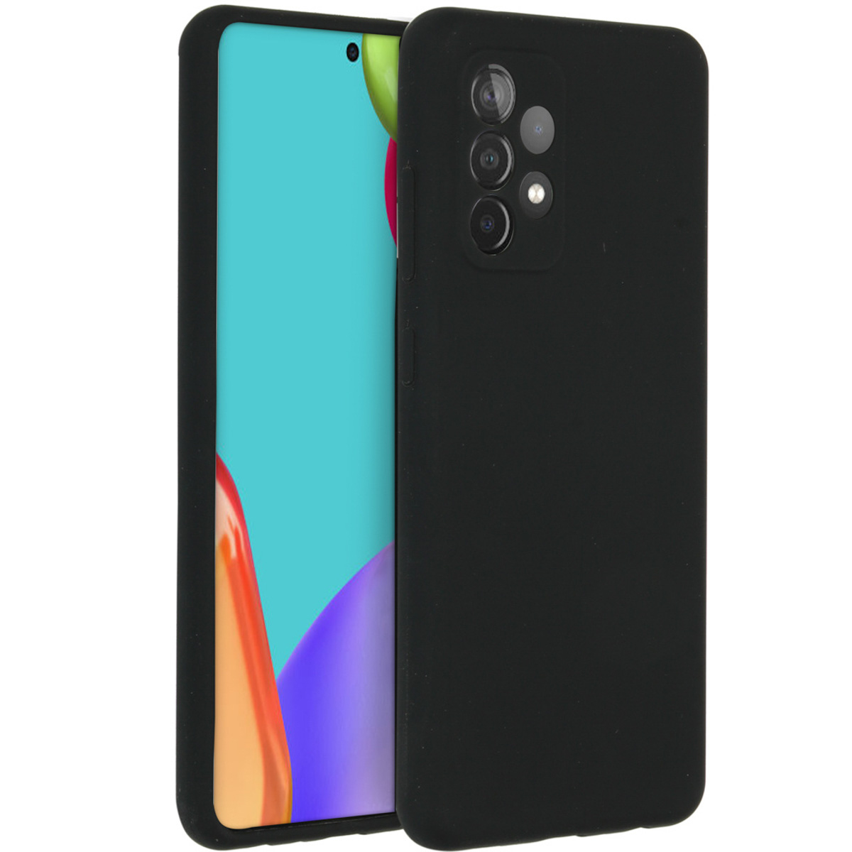 Een zwarte telefoonhoes ligt naast een telefoon met een blauw scherm. De hoes heeft meerdere camera-uitsparingen.