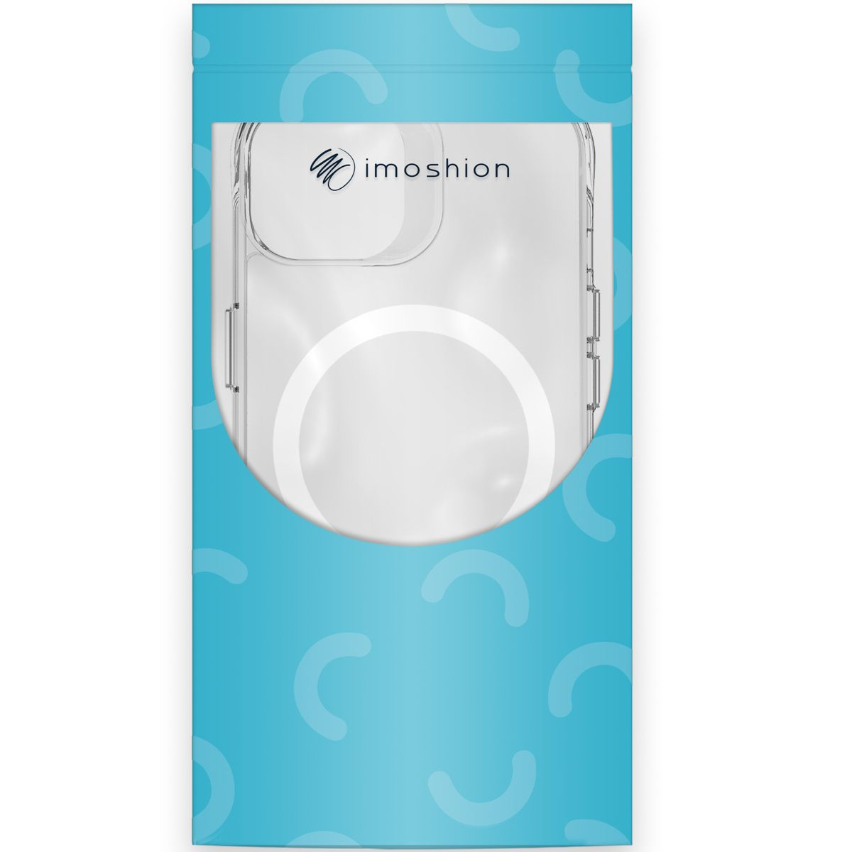 Een doorzichtige telefoonhoes in een blauwe verpakking. De hoes heeft het 'imoshion' logo. De achtergrond heeft gebogen witte vormen.