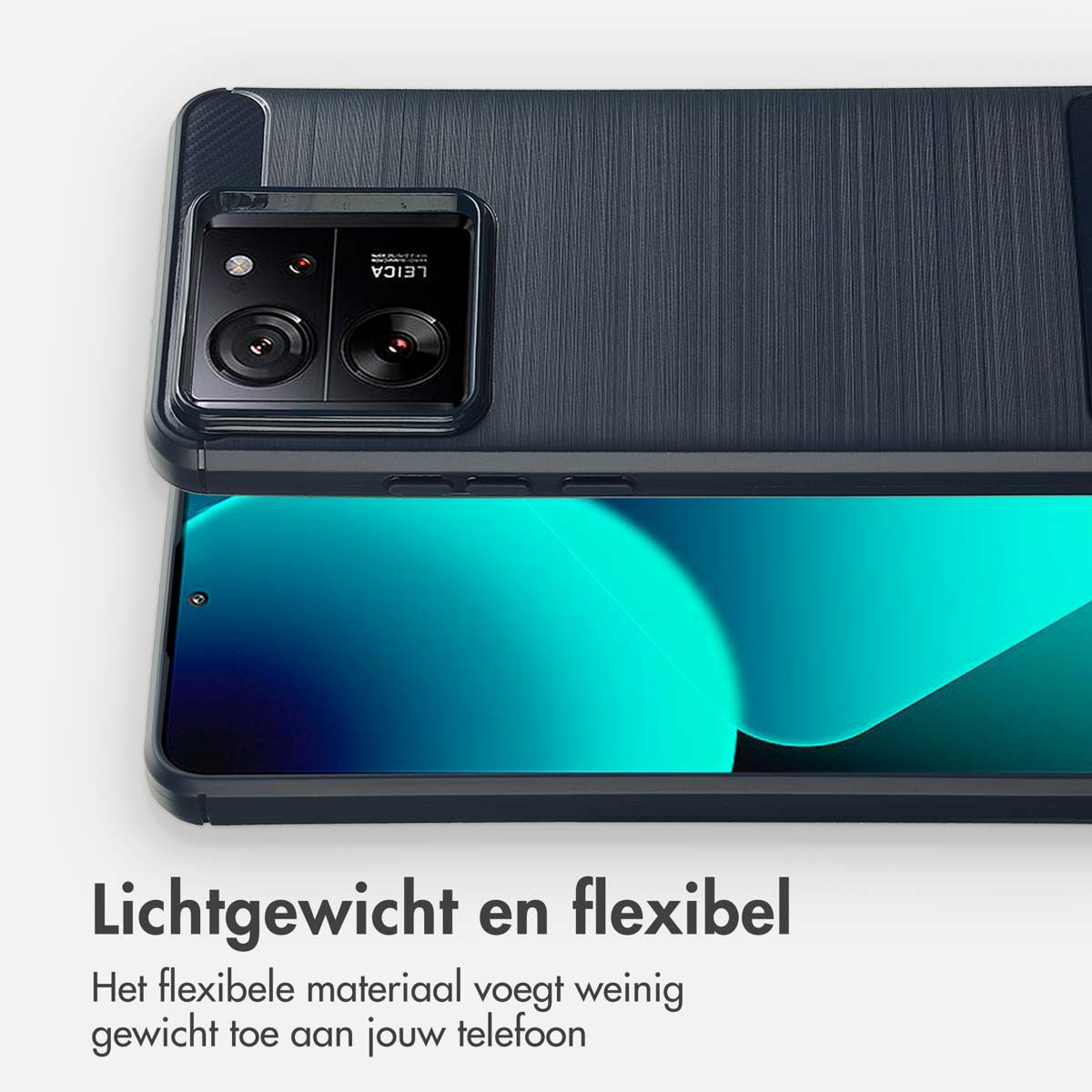 Un étui de téléphone avec un module caméra est montré, avec un écran. L'étui est bleu foncé et l'écran est turquoise.